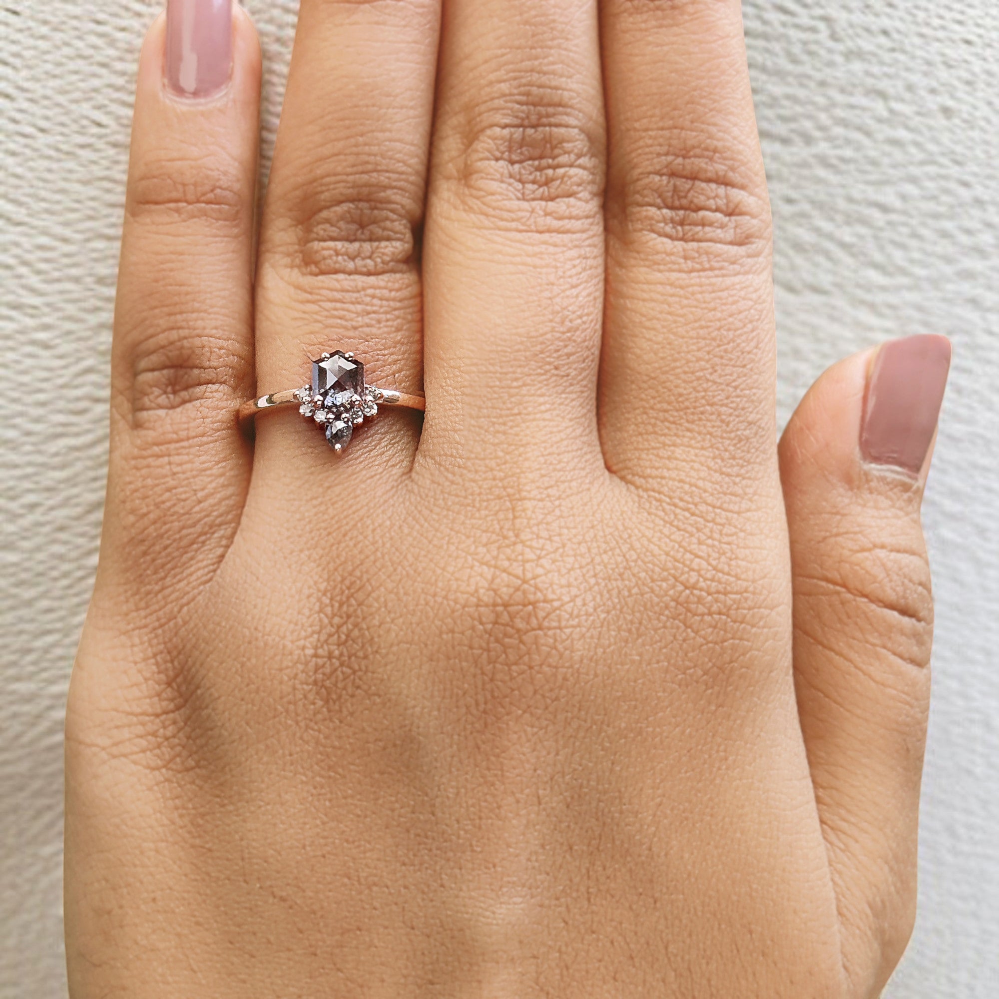 0.69 Ct Natural Hexagon Shape Salt And Pepper Diamond Ring 6.00 MM Hexagon Cut Diamond Ring 14K Solid Rose Gold Silver Engagement Ring QN849
