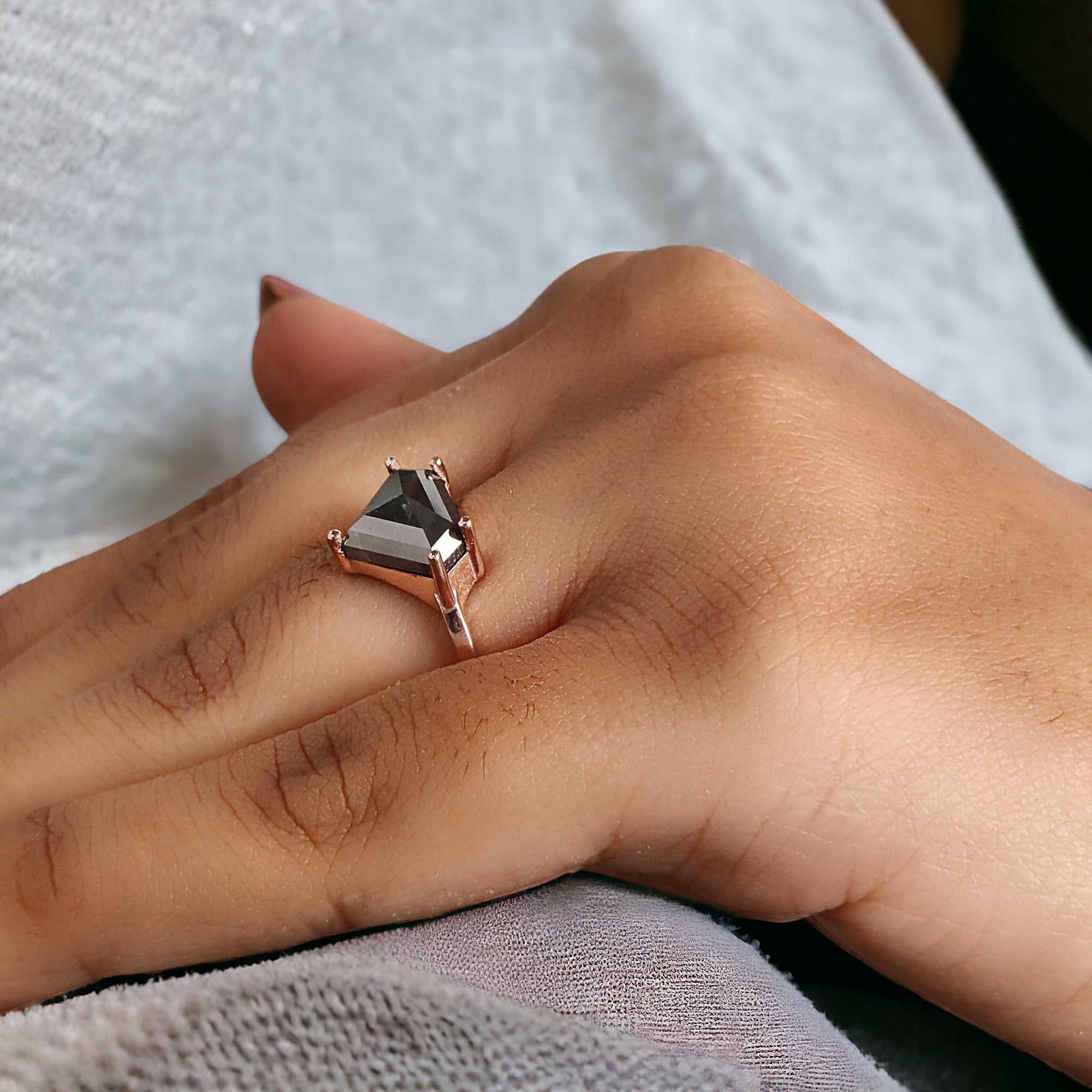 Shield Cut Salt And Pepper Diamond Ring 3.67 Ct 8.90 MM Shield Diamond Ring 14K Solid Rose Gold Silver Engagement Ring Gift For Her QL982