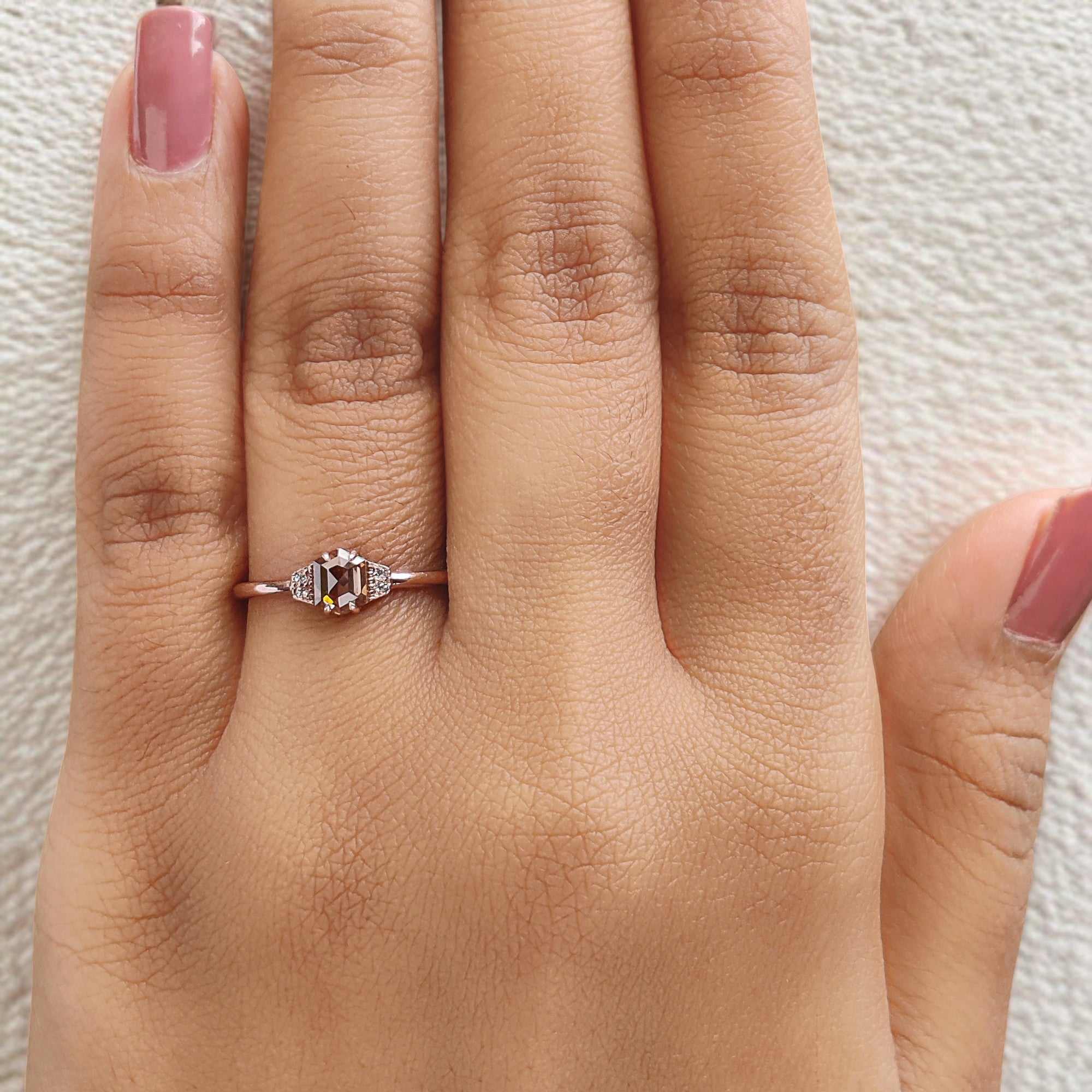 Hexagon Cut Brown Color Diamond Ring 0.51 Ct 5.20 MM Hexagon Diamond Ring 14K Solid Rose Gold Silver Engagement Ring Gift For Her QL655