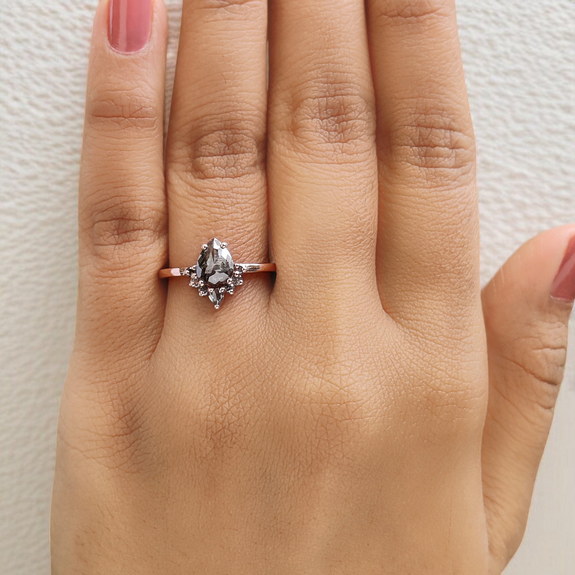 0.91 Ct Natural Pear Shape Salt And Pepper Diamond Ring 7.20 MM Pear Cut Diamond Ring 14K Solid Rose Gold Silver Engagement Ring QL1665