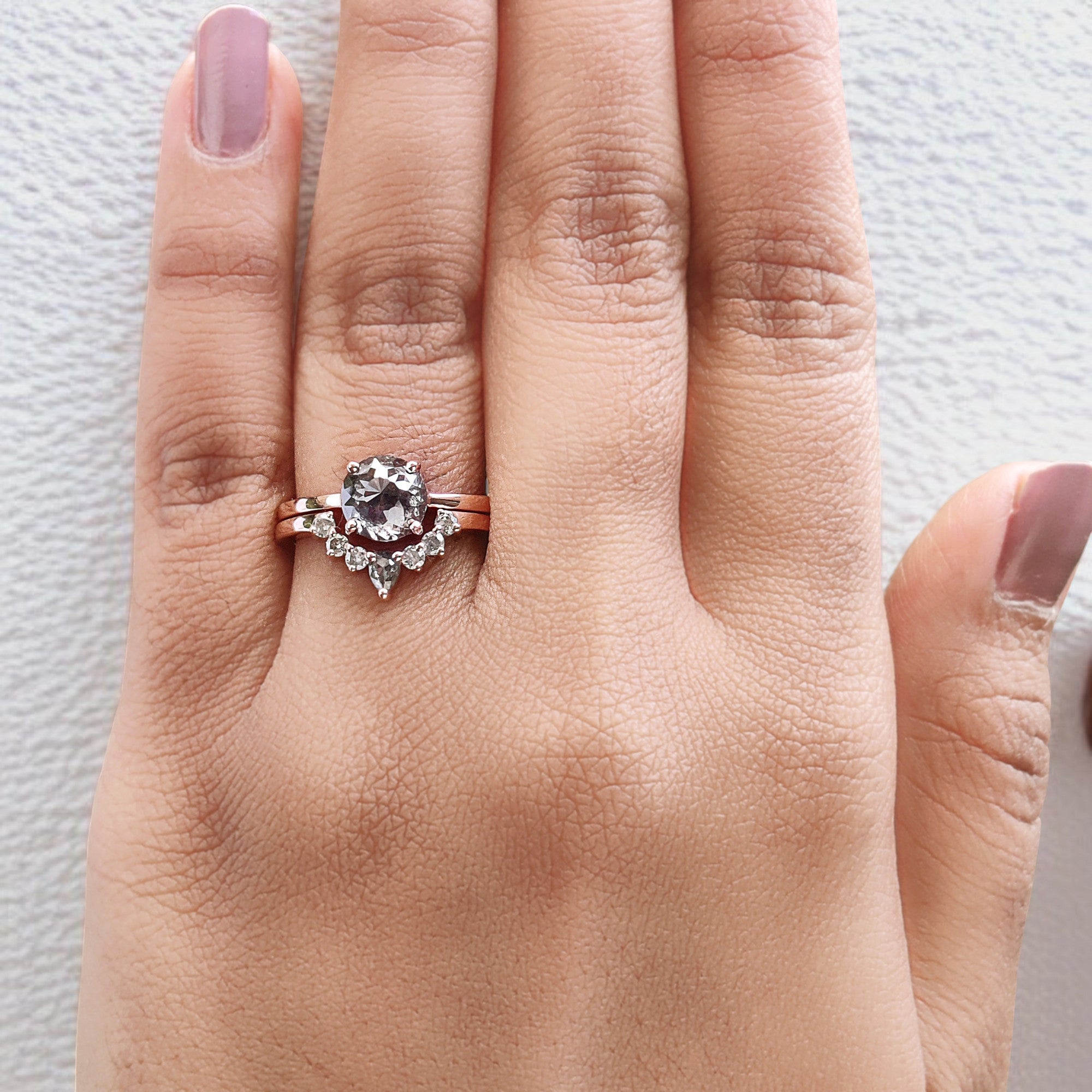 Round Rose Cut Salt And Pepper Diamond Ring 1.57 Ct 7.06 MM Round Diamond Ring 14K Rose Gold Silver Engagement Ring Gift For Her QL9234