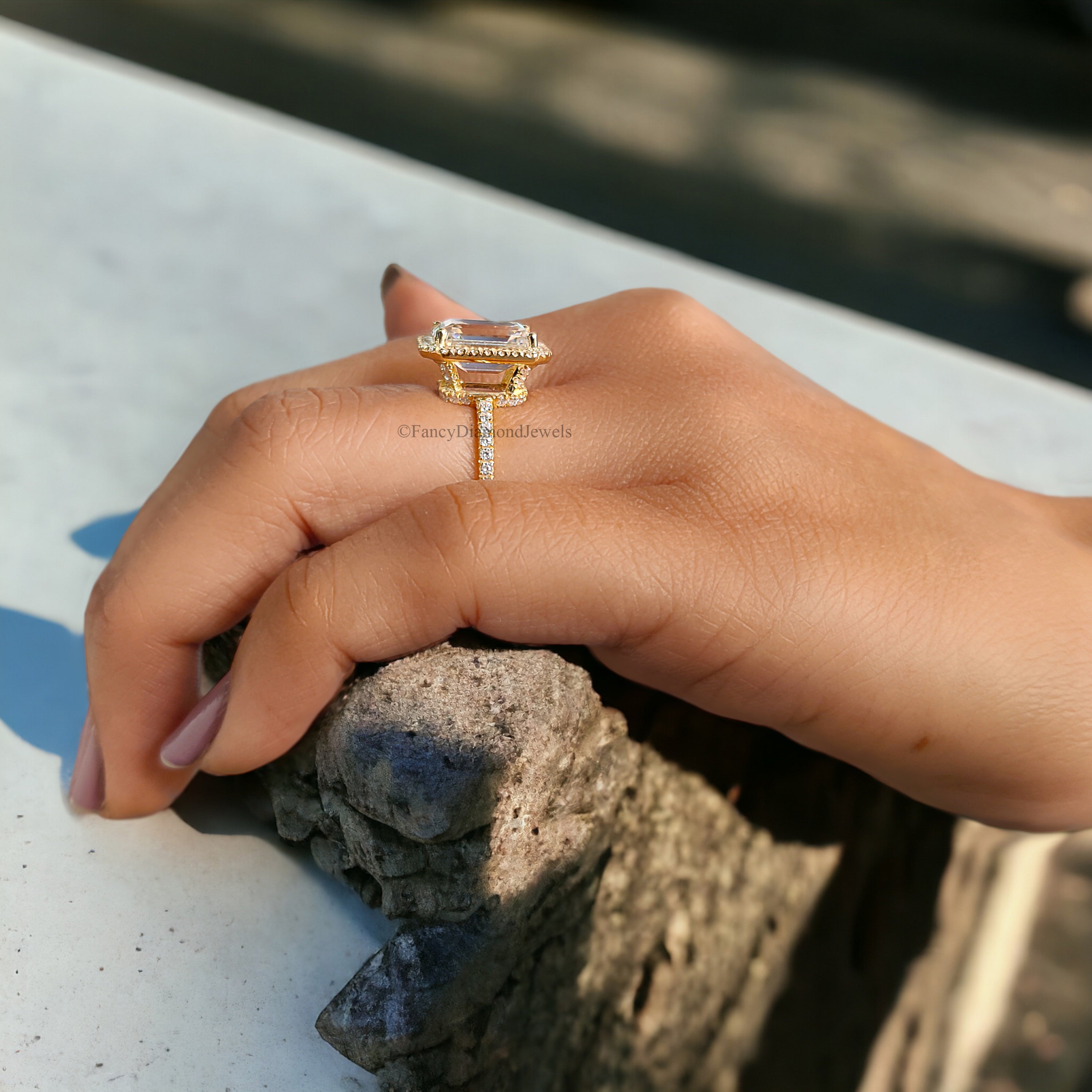 Emerald Cut Colorless Moissanite Engagement Ring 3.00 Ct Solid 14k Yellow Gold Ring Bridal Wedding Ring Halo Set Ring Gift For Her FD212