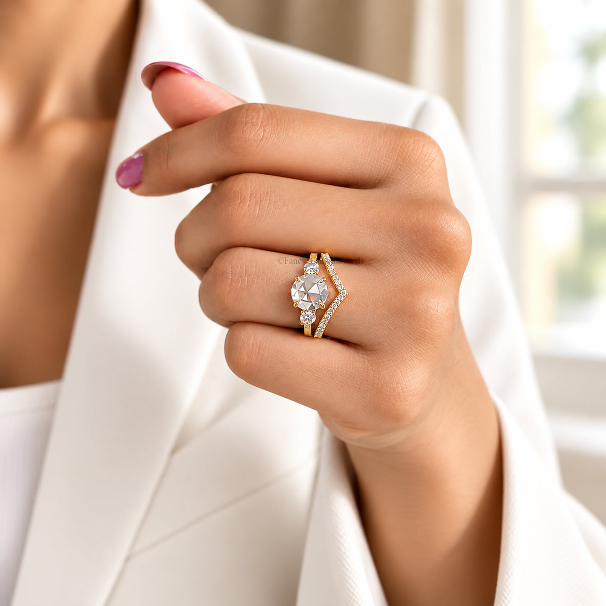 1.50 CT Round Rose Cut Engagement Ring Set In Solid Yellow 10K/14k/18k Gold Round Solitaire Engagement Ring Bridal Wedding Ring Set FD609