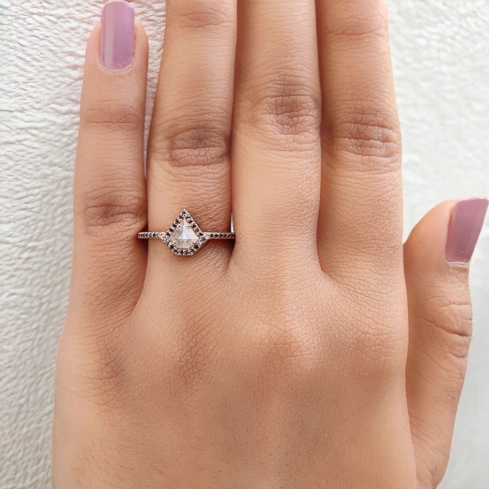 Shield Cut Salt And Pepper Diamond Ring 0.47 Ct 5.40 MM Shield Diamond Ring 14K Solid Rose Gold Silver Engagement Ring Gift For Her QL9683