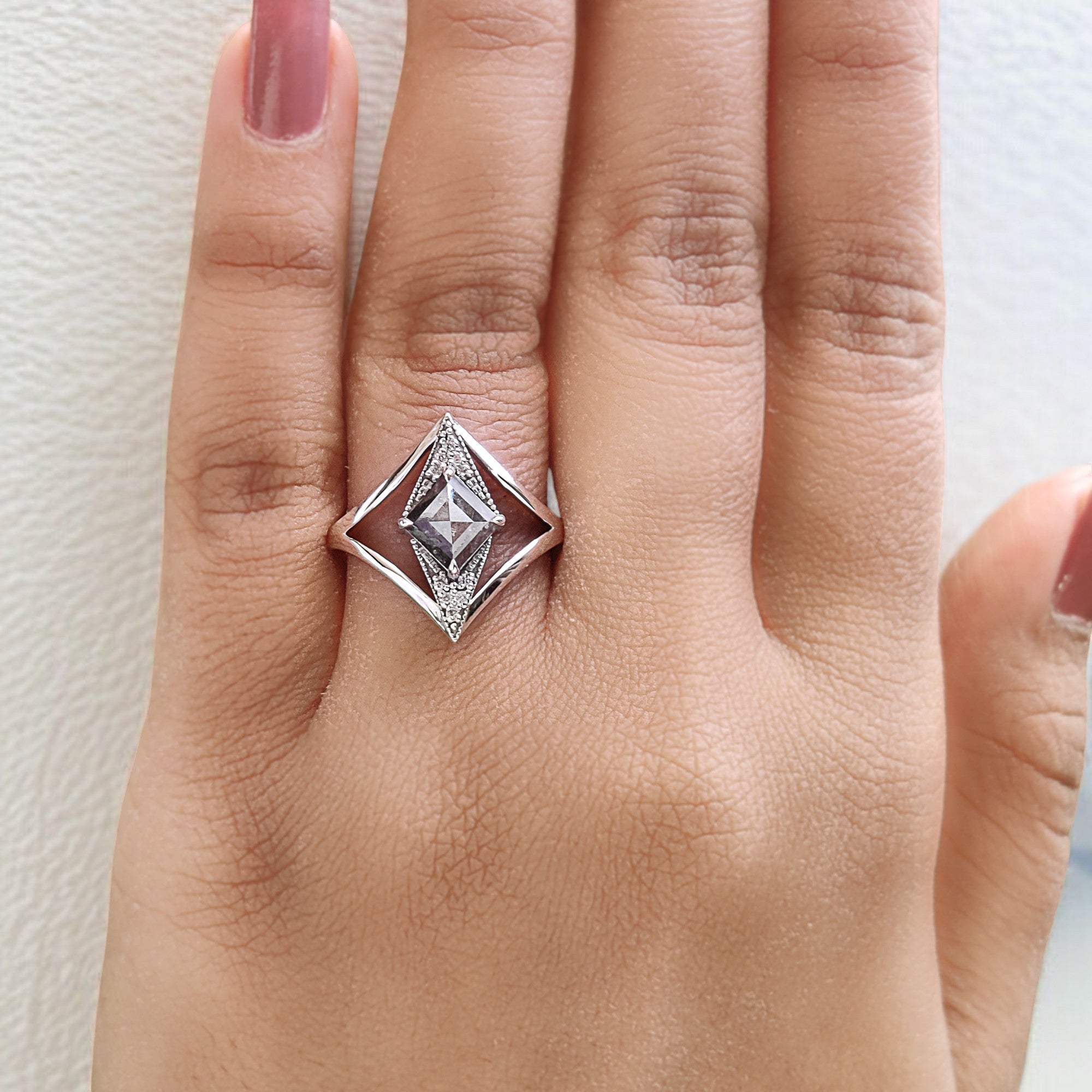 Kite Cut Salt And Pepper Diamond Ring 0.97 Ct 8.09 MM Kite Diamond Ring 14K Solid Rose Gold Silver Kite Engagement Ring Gift For Her QL2199