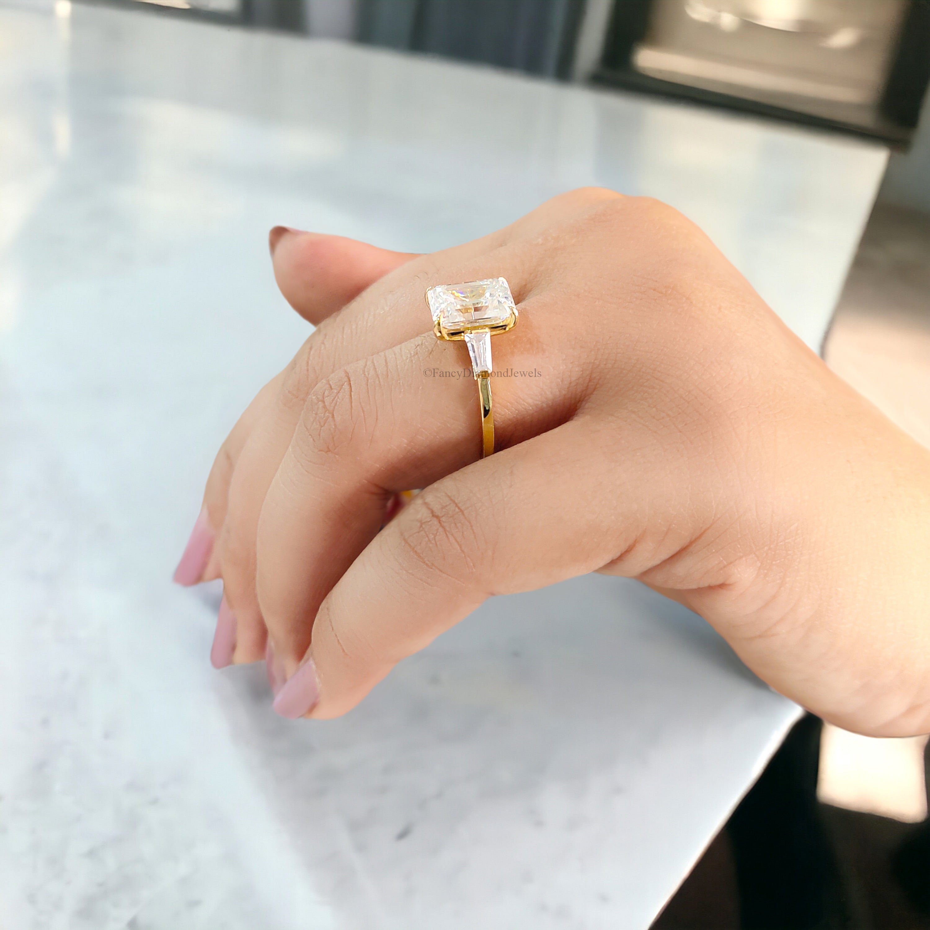 3.45 CT Emerald Cut Colorless Moissanite Ring Three Stone Engagement Ring Side Tapered Baguette Moissanite Claw Prong Anniversary Gift FD137