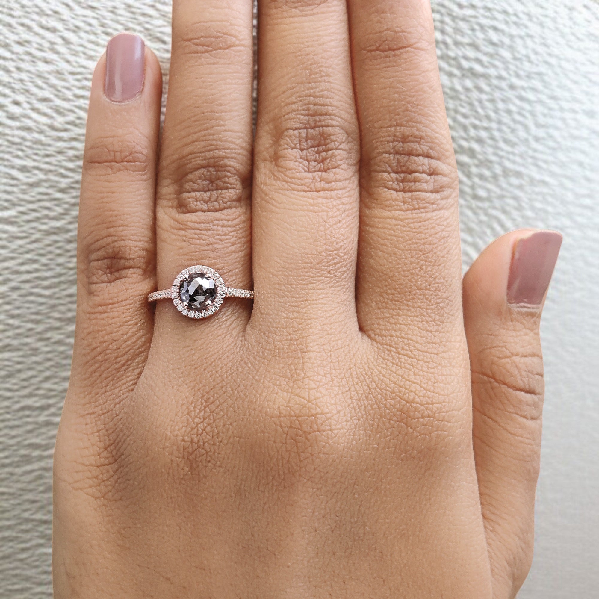 Round Rose Cut Salt And Pepper Diamond Ring 0.96 Ct 6.00 MM Round Diamond Ring 14K Rose Gold Silver Engagement Ring Gift For Her QN1216