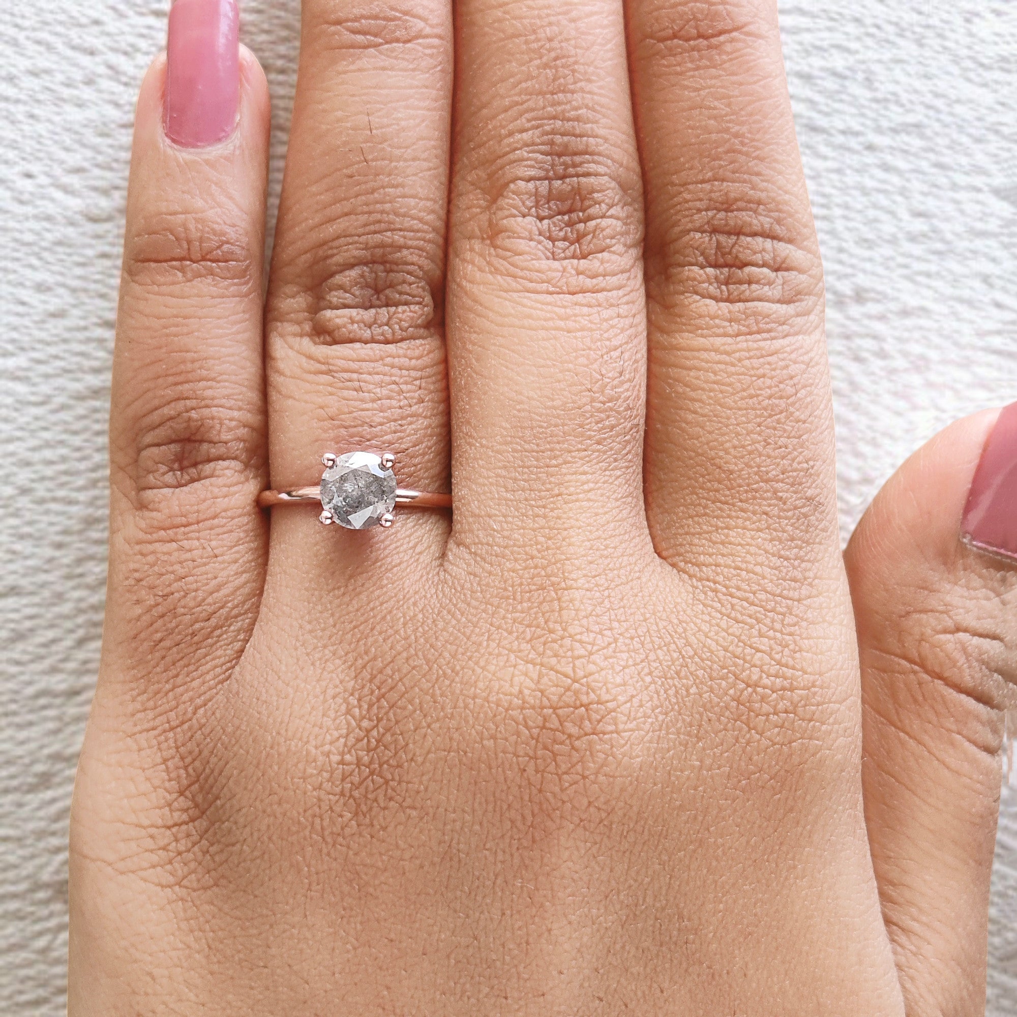 Round Cut Salt And Pepper Diamond Ring 0.98 Ct 6.40 MM Round Diamond Ring 14K Solid Rose Gold Silver Engagement Ring Gift For Her QL2083