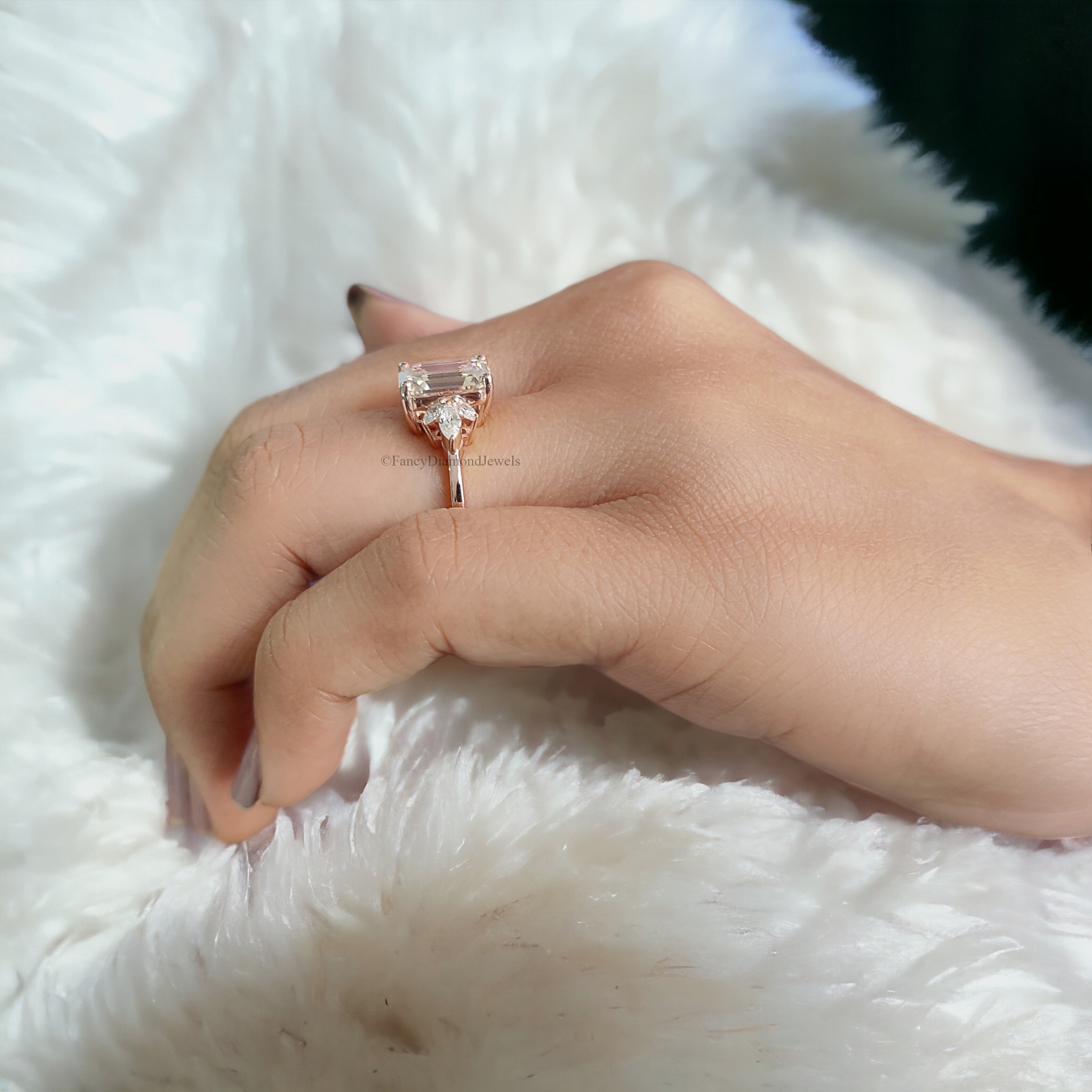 Emerald cut Moissanite engagement ring vintage Unique rose gold Marquise cut diamond Cluster engagement ring women wedding Bridal gift FD176