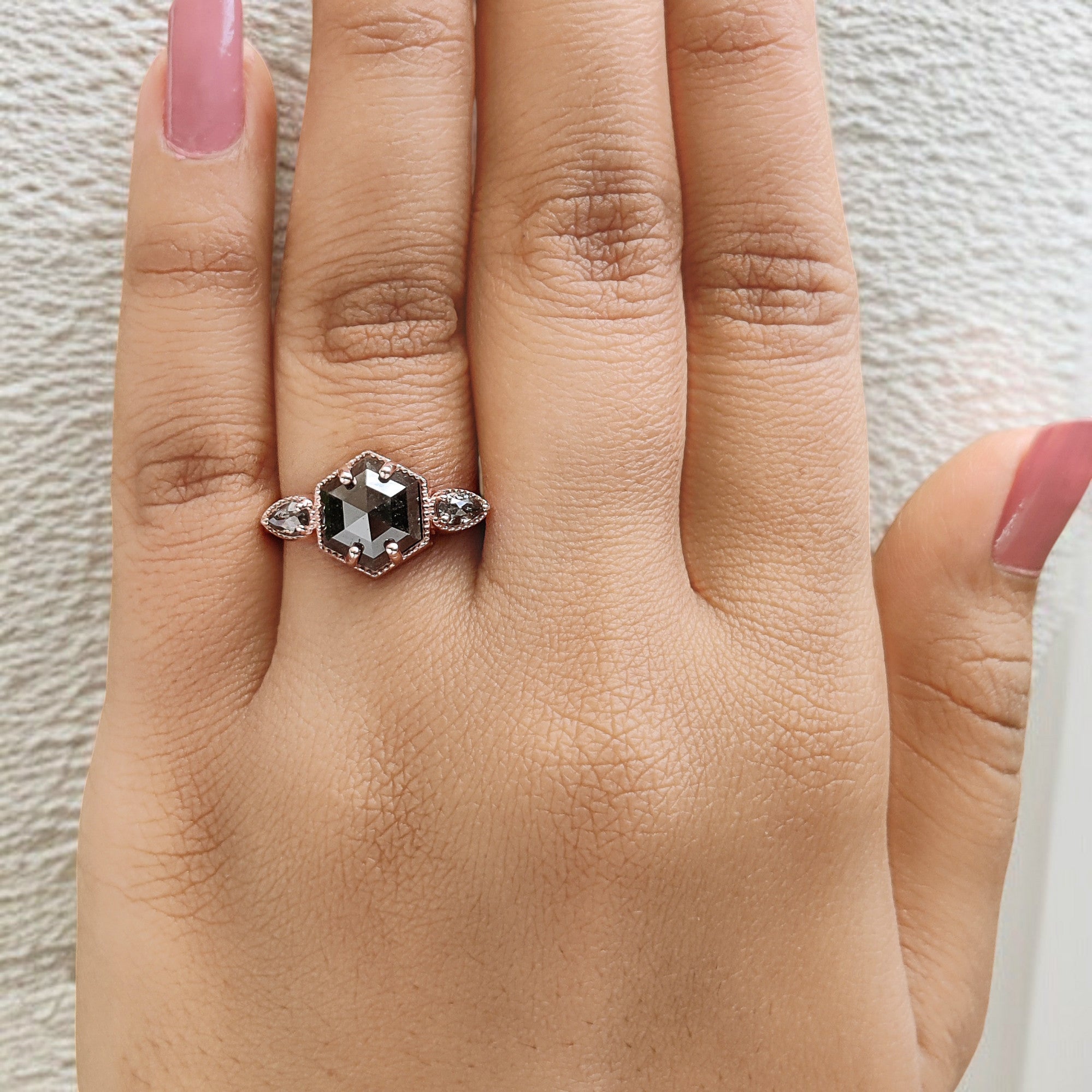 2.45 Ct Natural Hexagon Salt And Pepper Diamond Ring 9.25 MM Hexagon Shape Diamond Ring 14K Solid Rose Gold Silver Engagement Ring QL1092