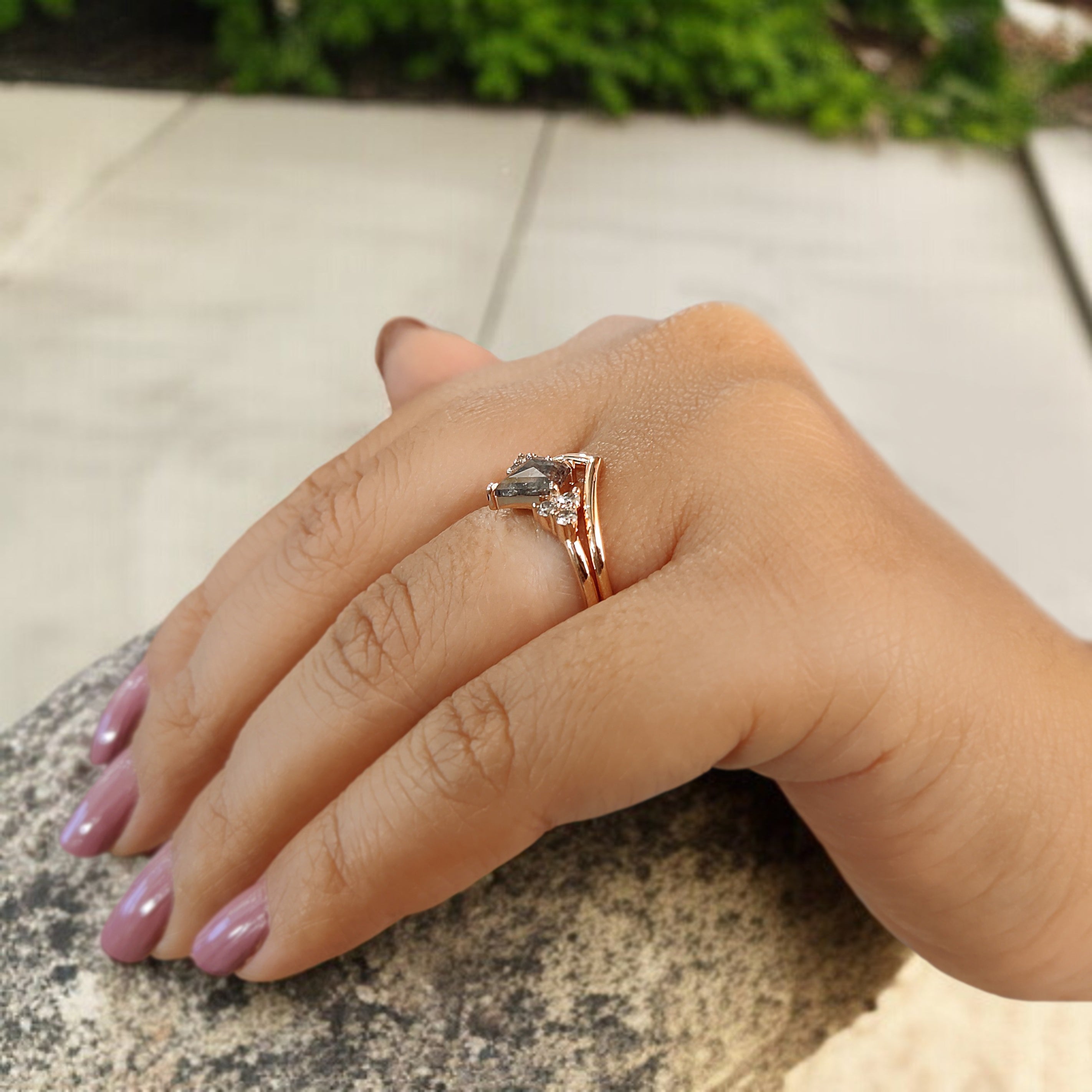 Kite Cut Salt And Pepper Diamond Ring 0.53 CT 8.15 MM Kite Diamond Wedding Ring Set RoseGold Silver Engagement Ring Gift For Her KDL3392