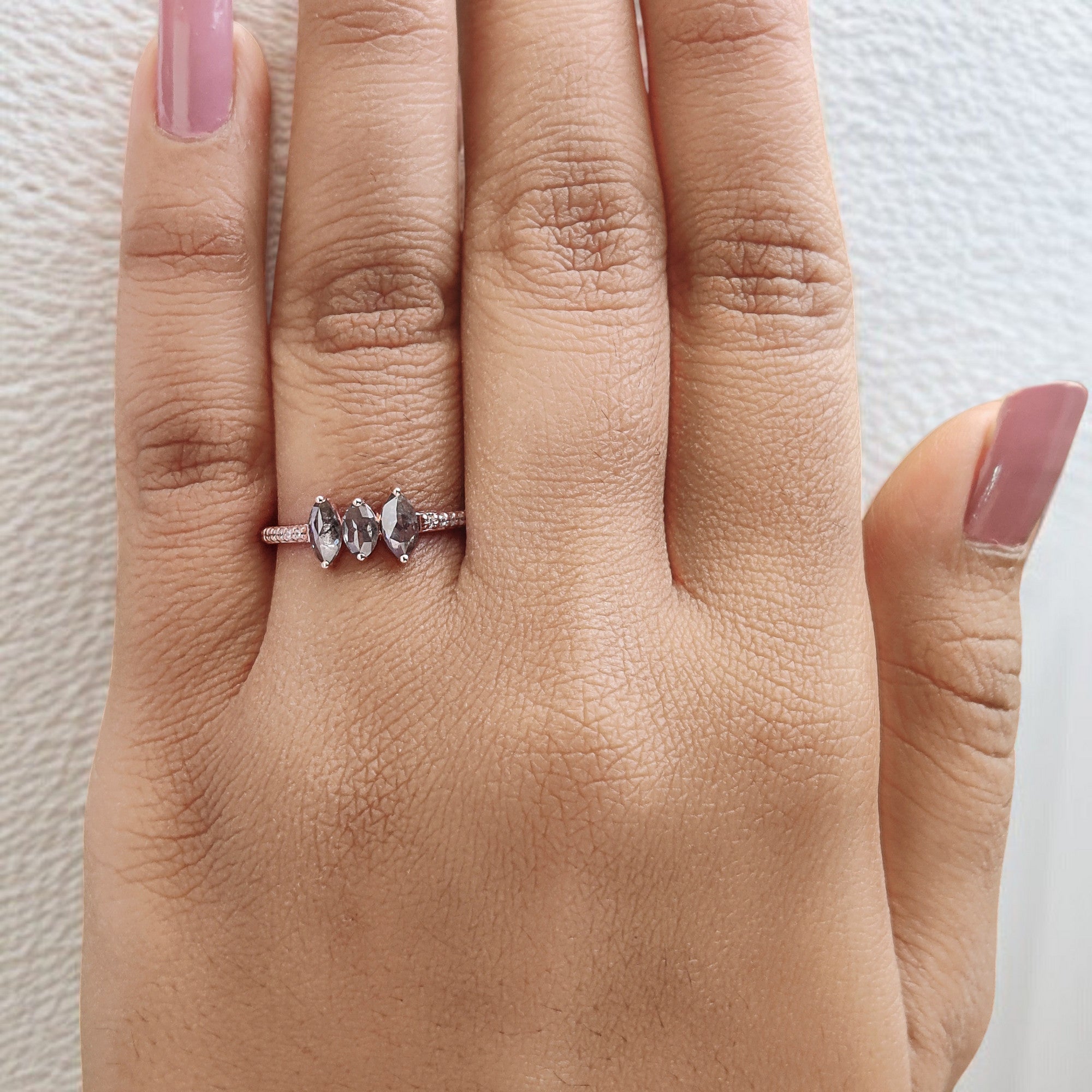 Marquise Cut Salt And Pepper Diamond Ring 0.55 Ct 6.05 MM Marquise Diamond Ring 14K Solid Rose Gold Engagement Ring Gift For Her QL2458