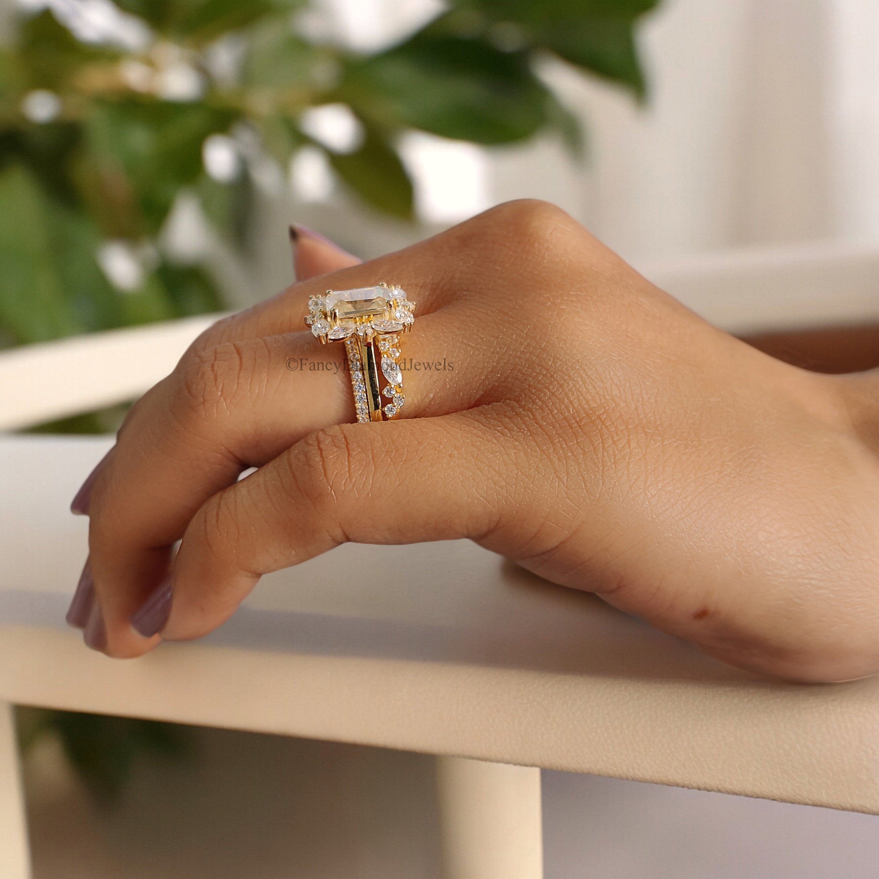 3Pcs Emerald cut Moissanite engagement ring set yellow gold Unique Art deco Cluster Wedding ring vintage Bridal Anniversary ring set FD187