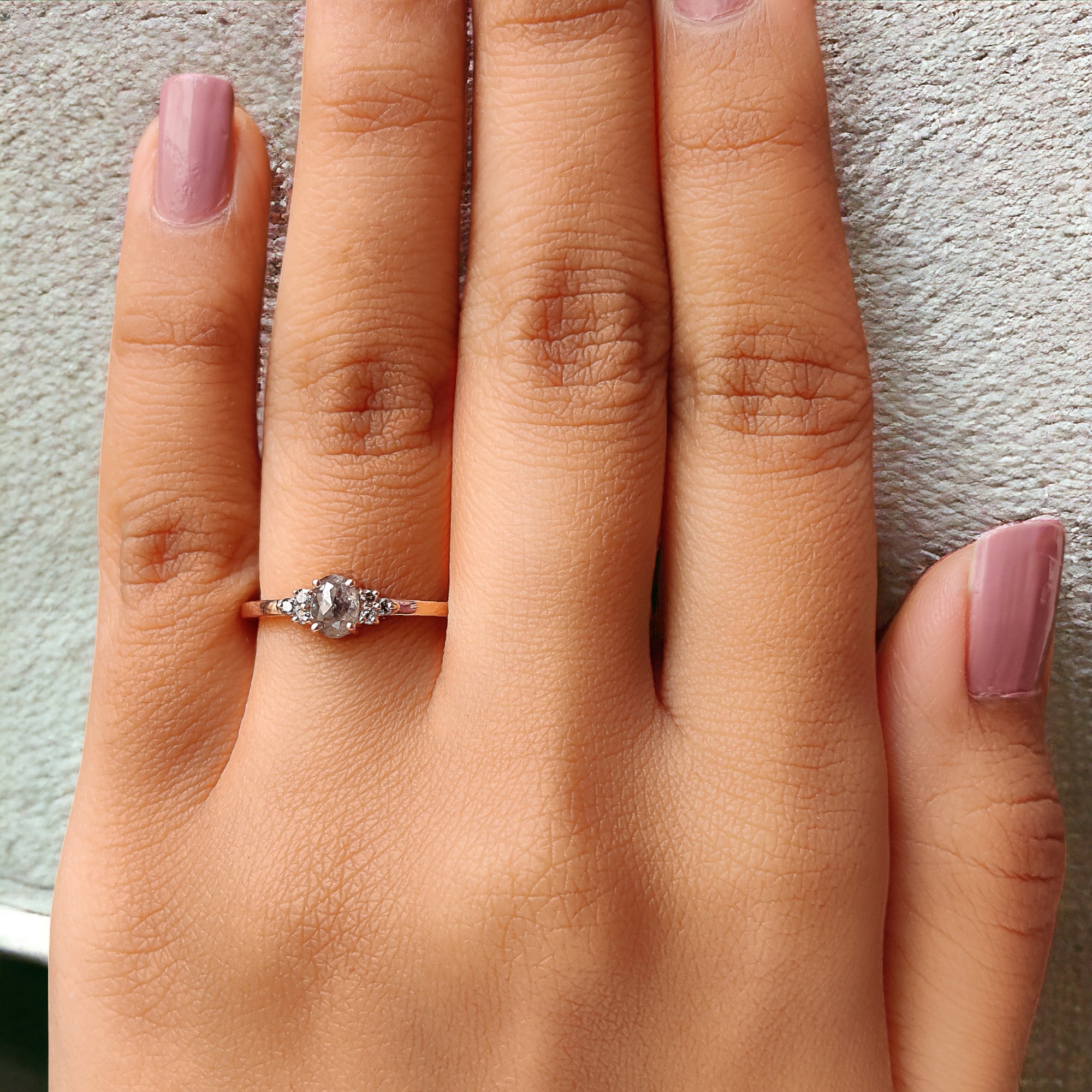 0.46 Ct Natural Oval Shape Salt And Pepper Diamond Ring 5.10 MM Oval Shape Diamond Ring 14K Solid Rose Gold Silver Engagement Ring QL383