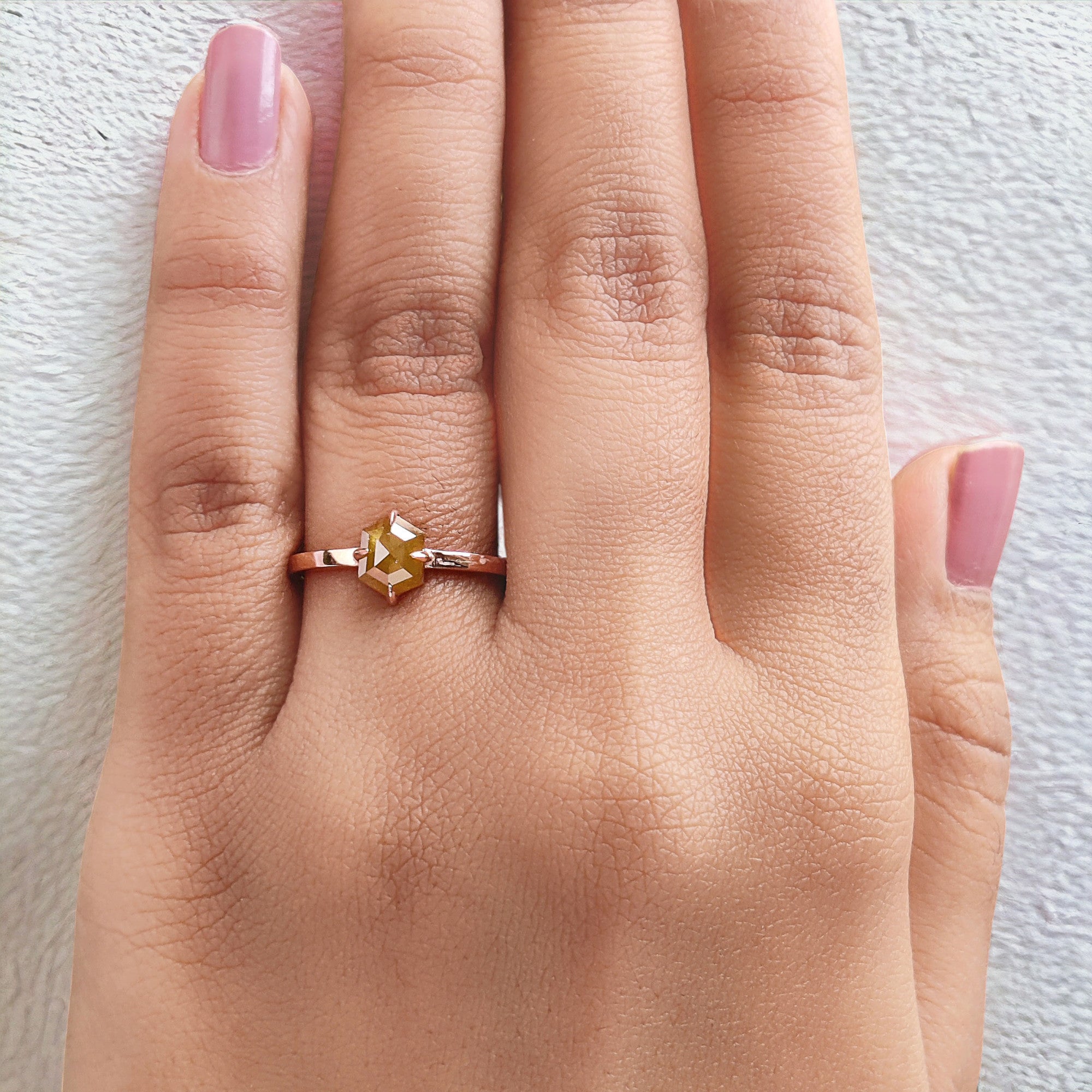 0.90 Ct Natural Hexagon Cut Yellow Color Diamond Ring 6.75 MM Hexagon Shape Diamond Ring 14K Solid Rose Gold Silver Engagement Ring QL9858