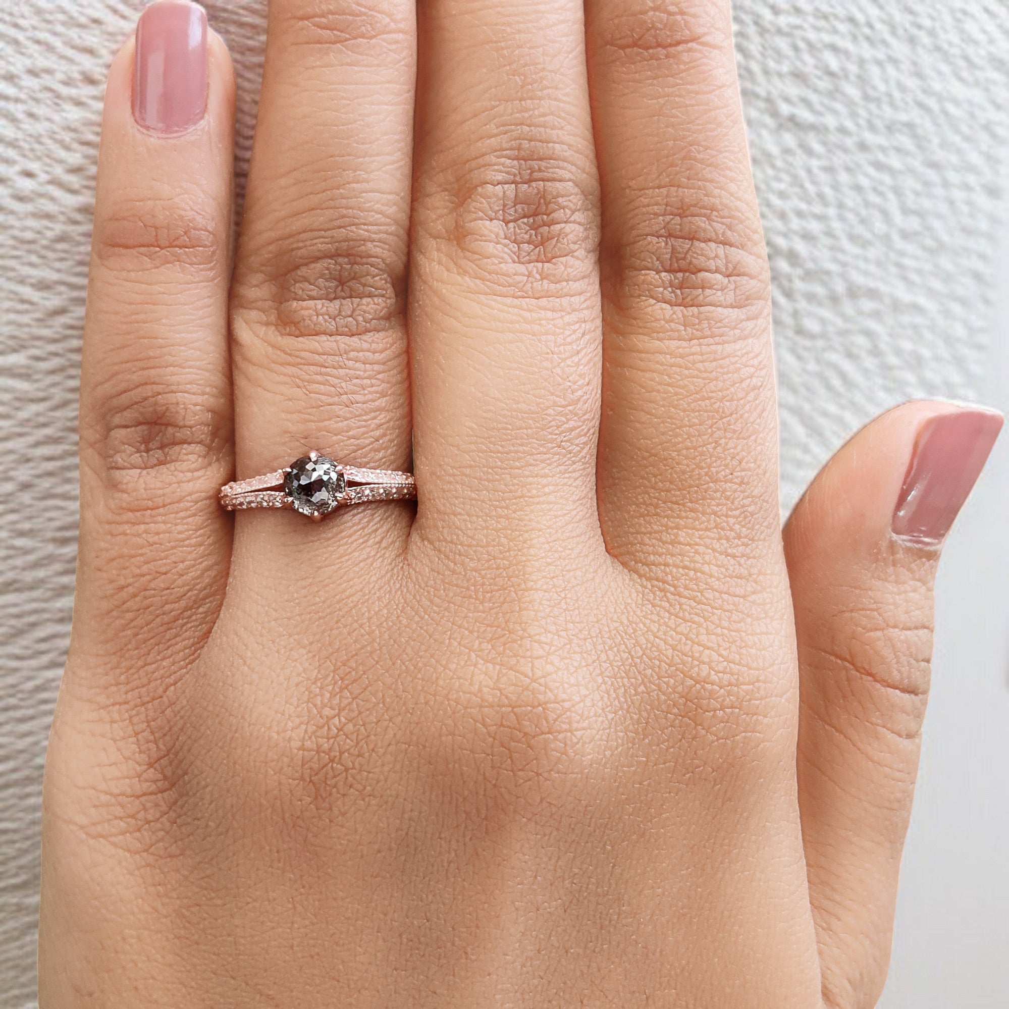 Round Rose Cut Salt And Pepper Diamond Ring 0.83 Ct 5.30 MM Round Diamond Ring 14K Rose Gold Silver Engagement Ring Gift For Her QN9672