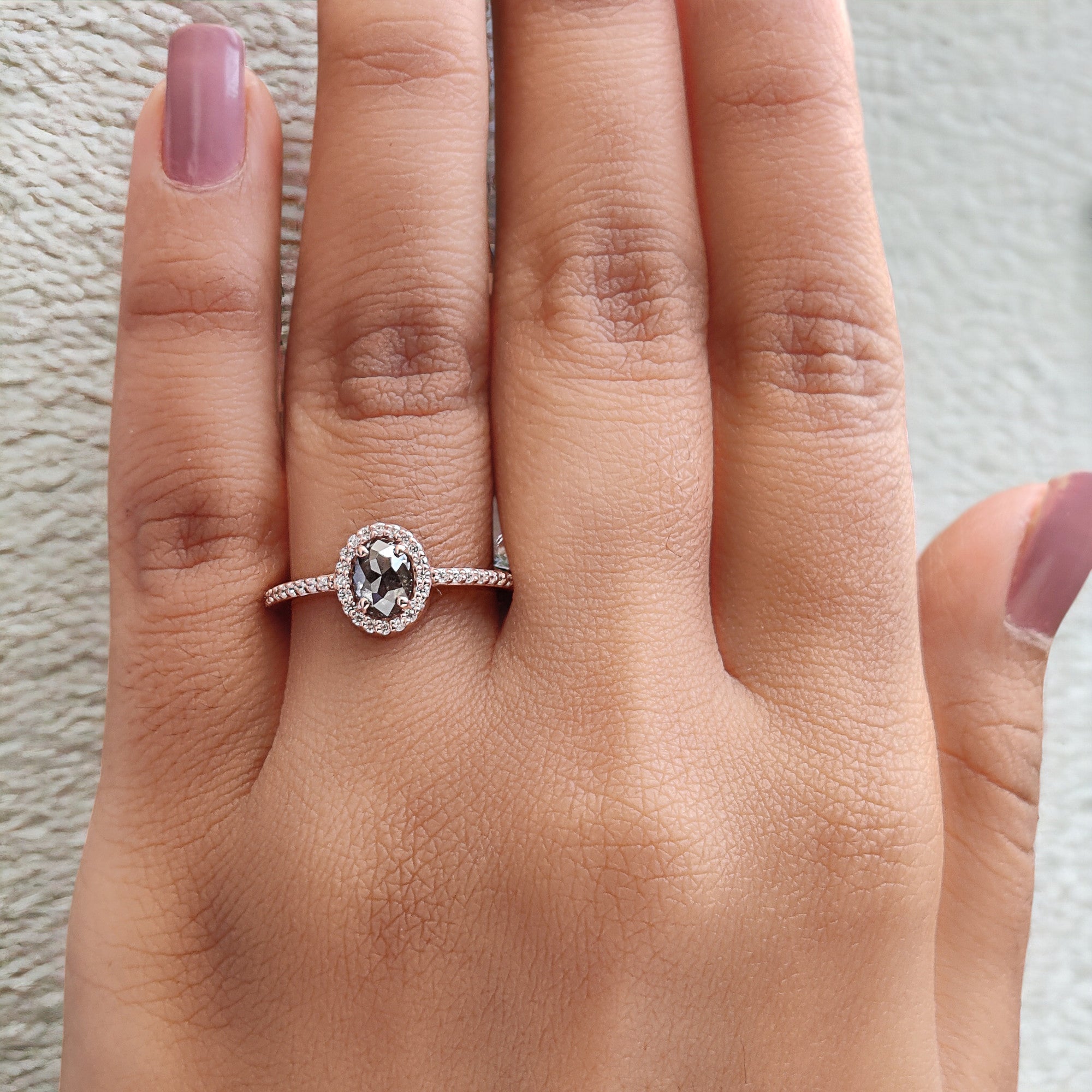 Oval Cut Salt And Pepper Diamond Ring 0.52 Ct 5.85 MM Oval Diamond Ring 14K Solid Rose Gold Silver Oval Engagement Ring Gift For Her QN1147