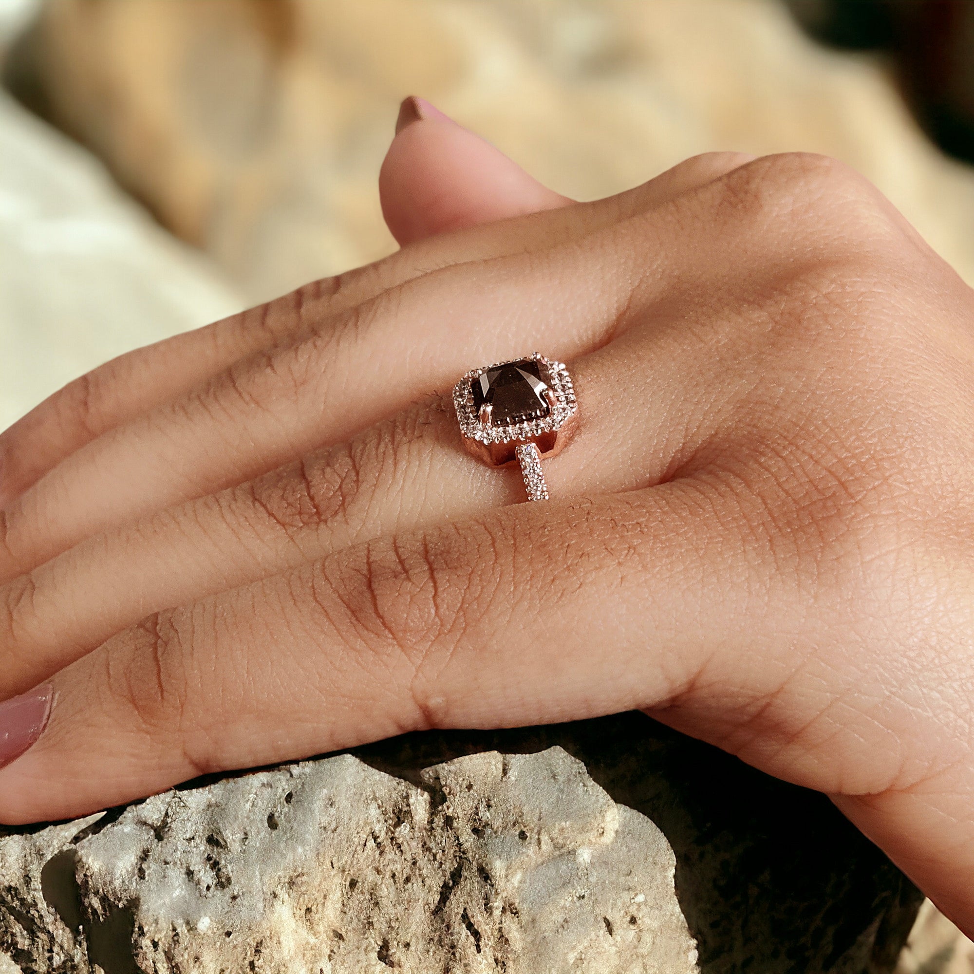 Emerald Cut Salt And Pepper Diamond Ring 1.26 Ct 6.10 MM Emerald Diamond Ring 14K Solid Rose Gold Silver Engagement Ring Gift For Her QK1954