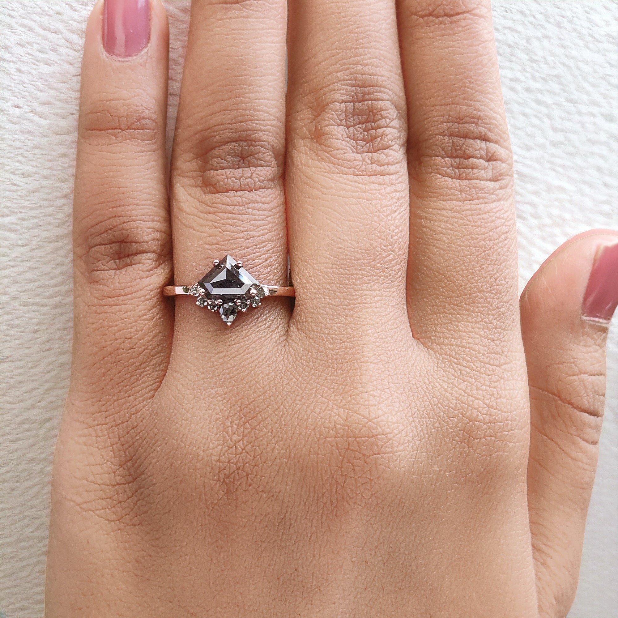 Shield Salt And Pepper Diamond Ring 1.12 Ct 6.05 MM Shield Cut Diamond Ring 14K Solid Rose Gold Silver Engagement Ring Gift For Her QN1274