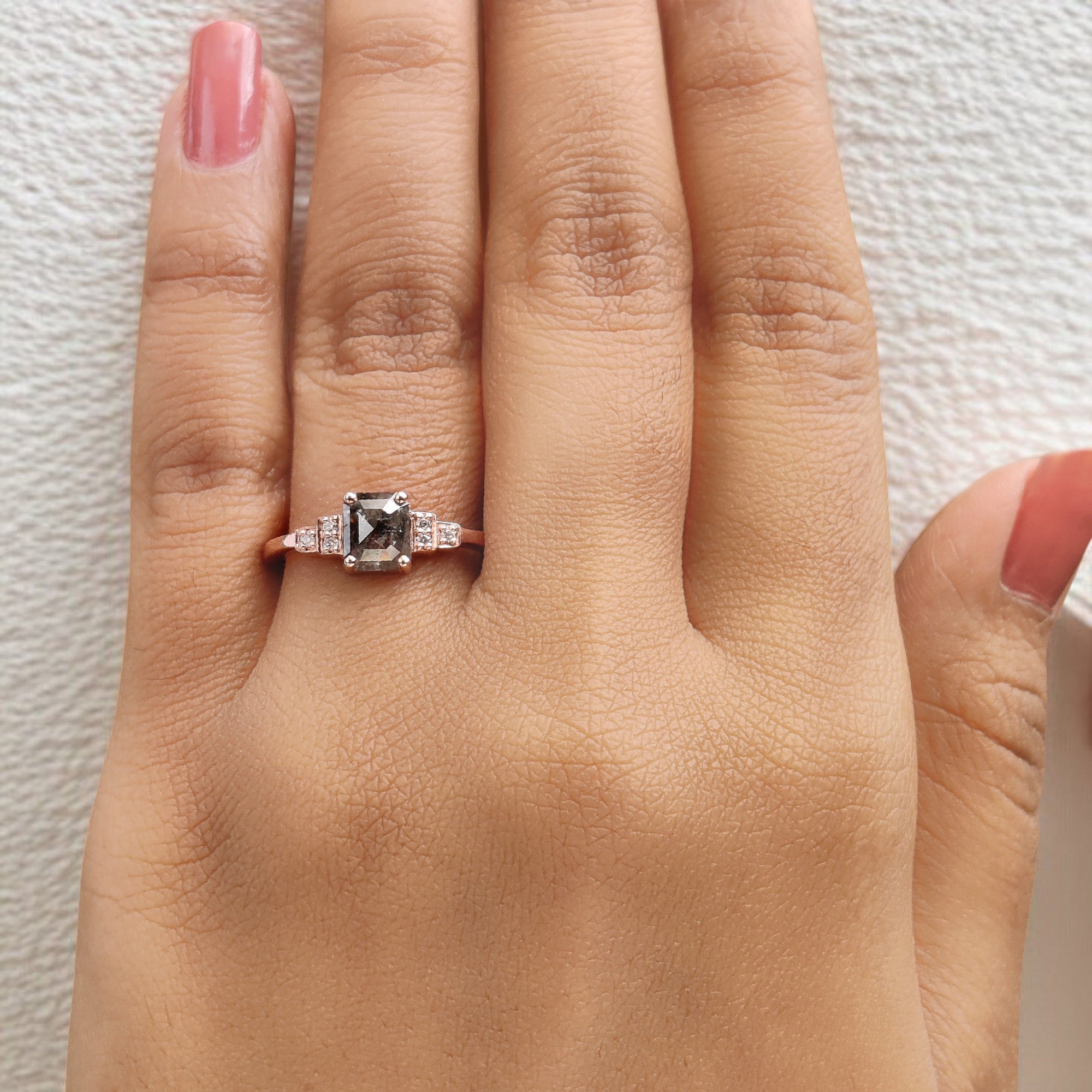 Emerald Salt And Pepper Diamond Ring 0.96 Ct 6.25 MM Emerald Diamond Ring 14K Solid Rose Gold Silver Engagement Ring Gift For Her QL1205