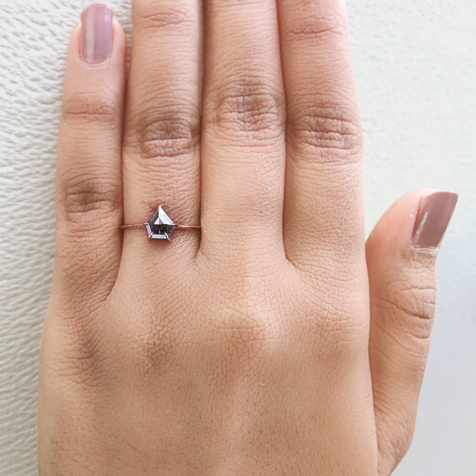 0.80 Ct Natural Shield Shape Salt And Pepper Diamond Ring 6.60 MM Shield Cut Diamond Ring 14K Solid Rose Gold Silver Engagement Ring QL7662