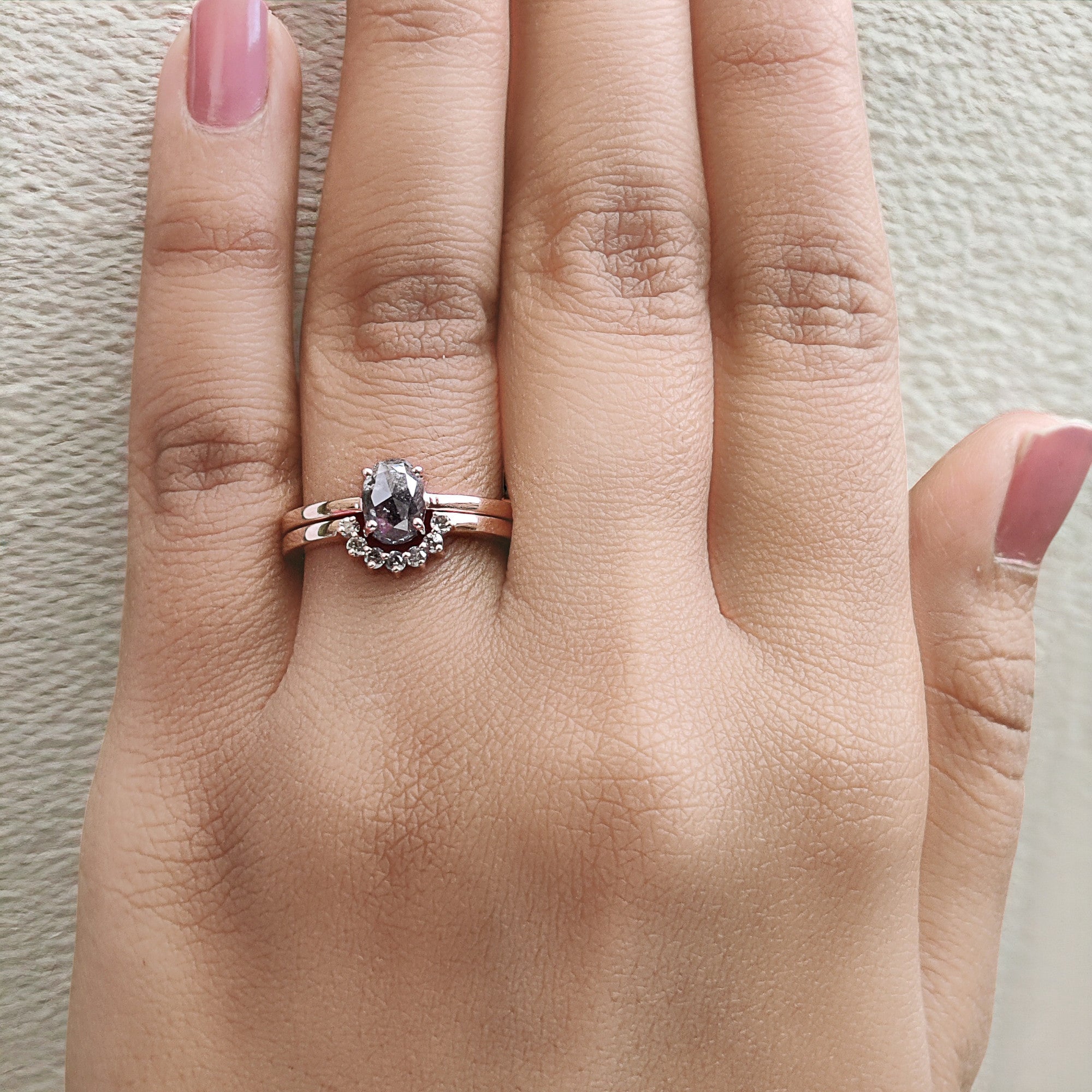 1.00 Ct Natural Oval Cut Salt and Pepper Diamond Ring 6.85 MM Oval Cut Diamond Ring 14K Solid Rose Gold Silver Oval Engagement Ring QN1207