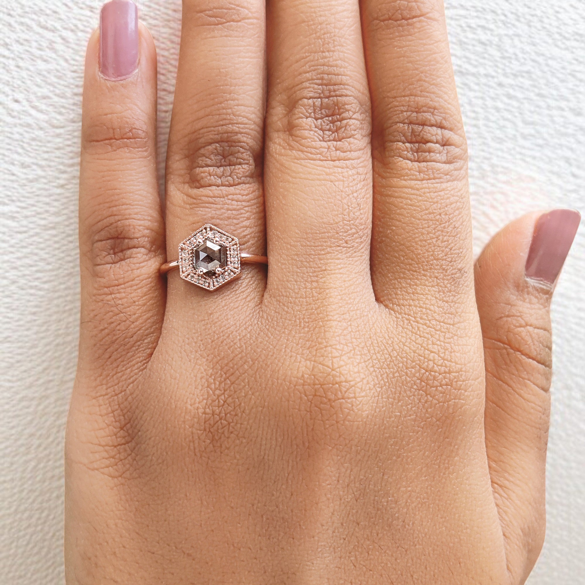 Hexagon Cut Salt And Pepper Diamond Ring 0.77 Ct 5.94 MM Hexagon Diamond Ring 14K Solid Rose Gold Silver Engagement Ring Gift For Her QL9543