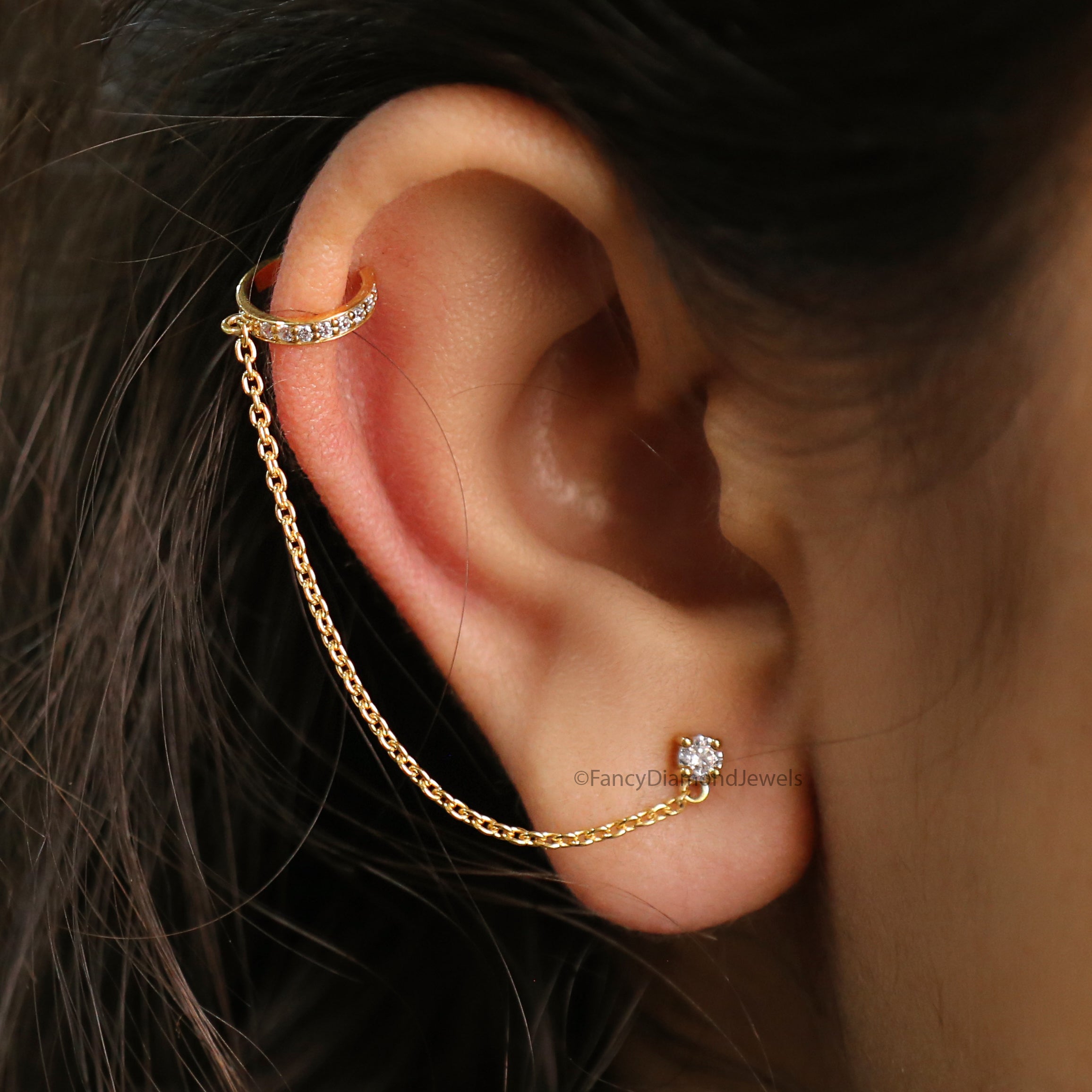 Minimalist Pave Ear Cuff Chain Earrings Round Diamond Stud Dangle Earrings in Gold and Sterling Silver Trendy Ear Cuff Chain Earrings FD533