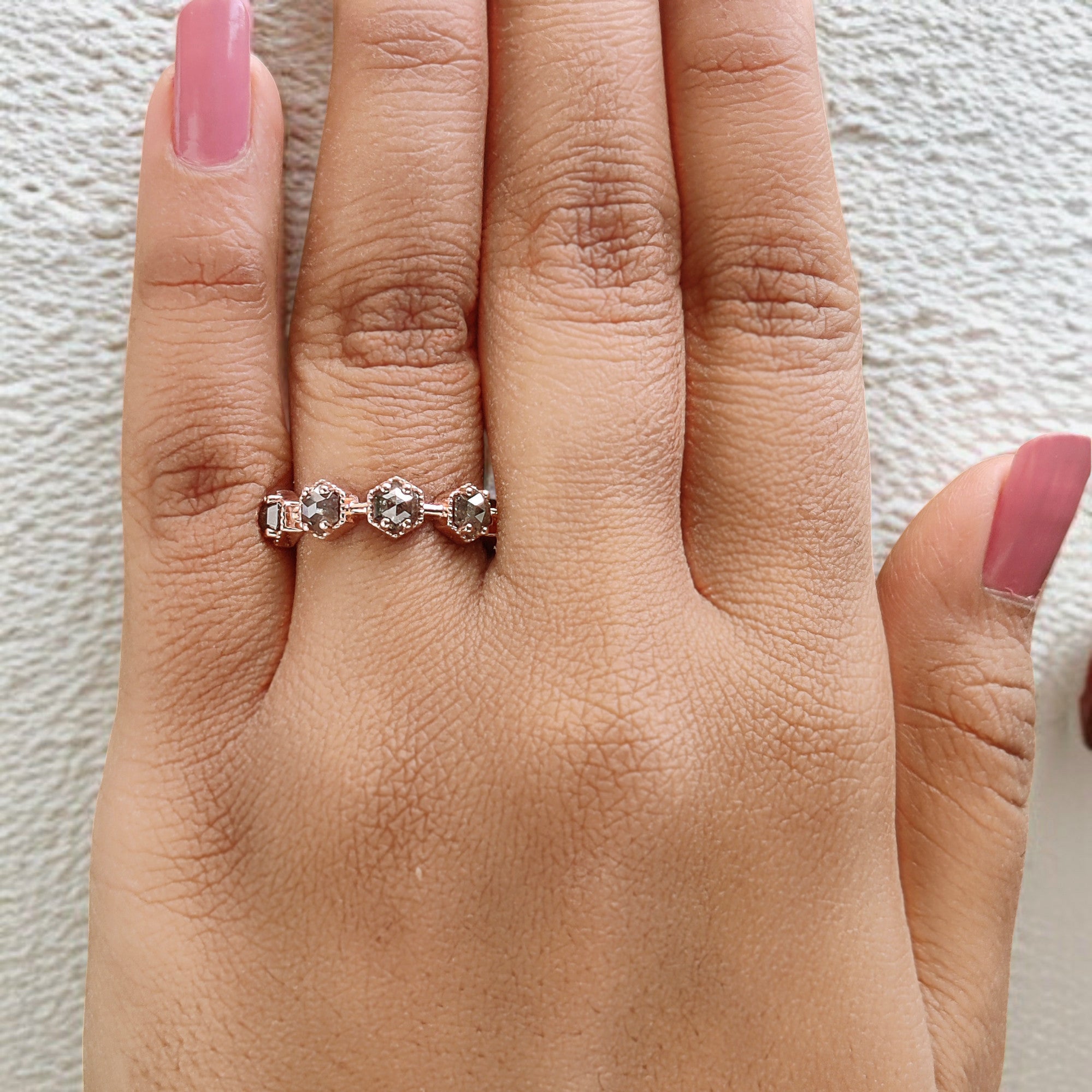 Hexagon Cut Salt And Pepper Diamond Ring 1.24 Ct 3.60 MM Hexagon Cut Diamond Ring 14K Rose Gold Silver Engagement Ring Gift For Her QL7558