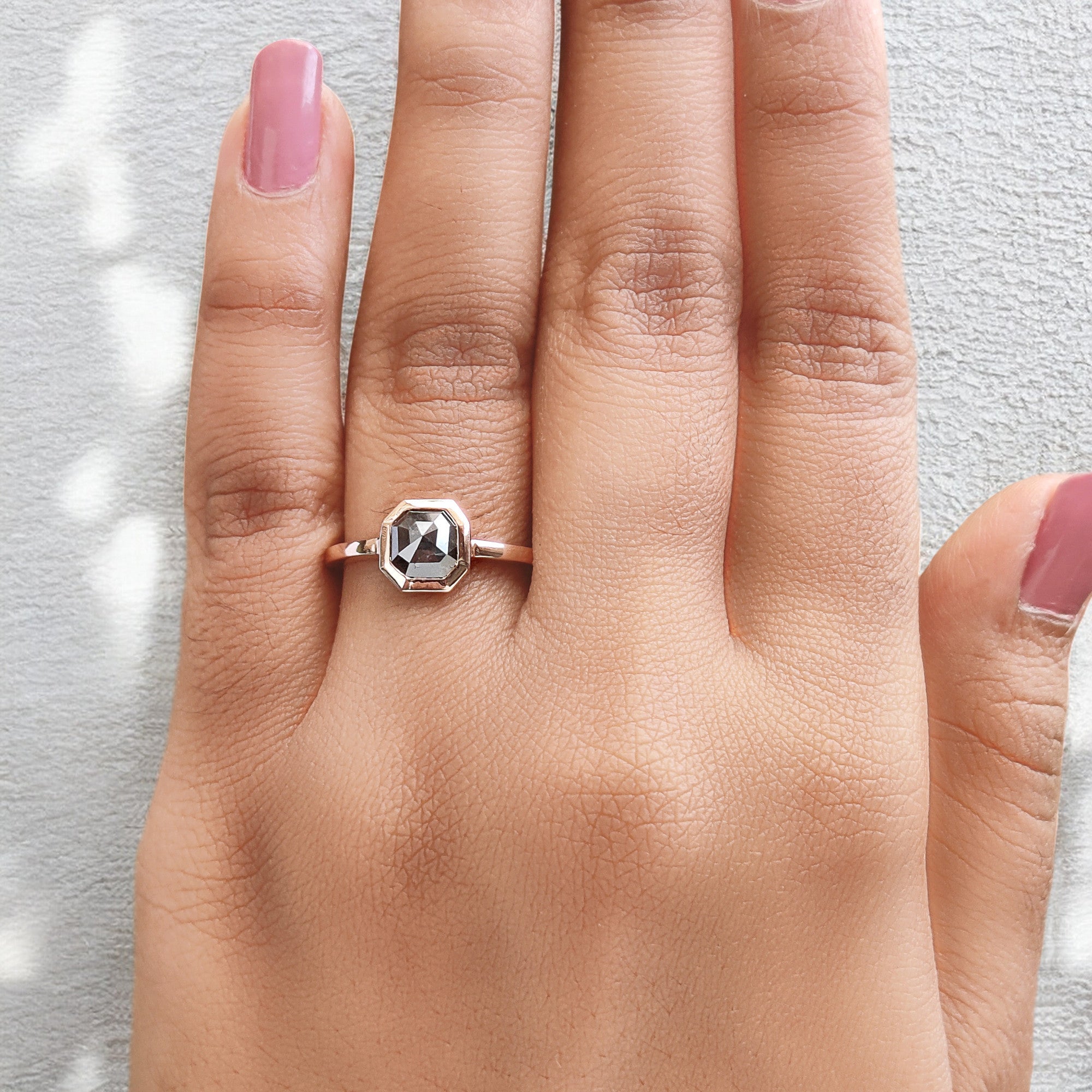 Emerald Cut Salt And Pepper Diamond Ring 1.08 Ct 6.50 MM Emerald Diamond Ring 14K Solid Rose Gold Silver Engagement Ring Gift For Her QL7004