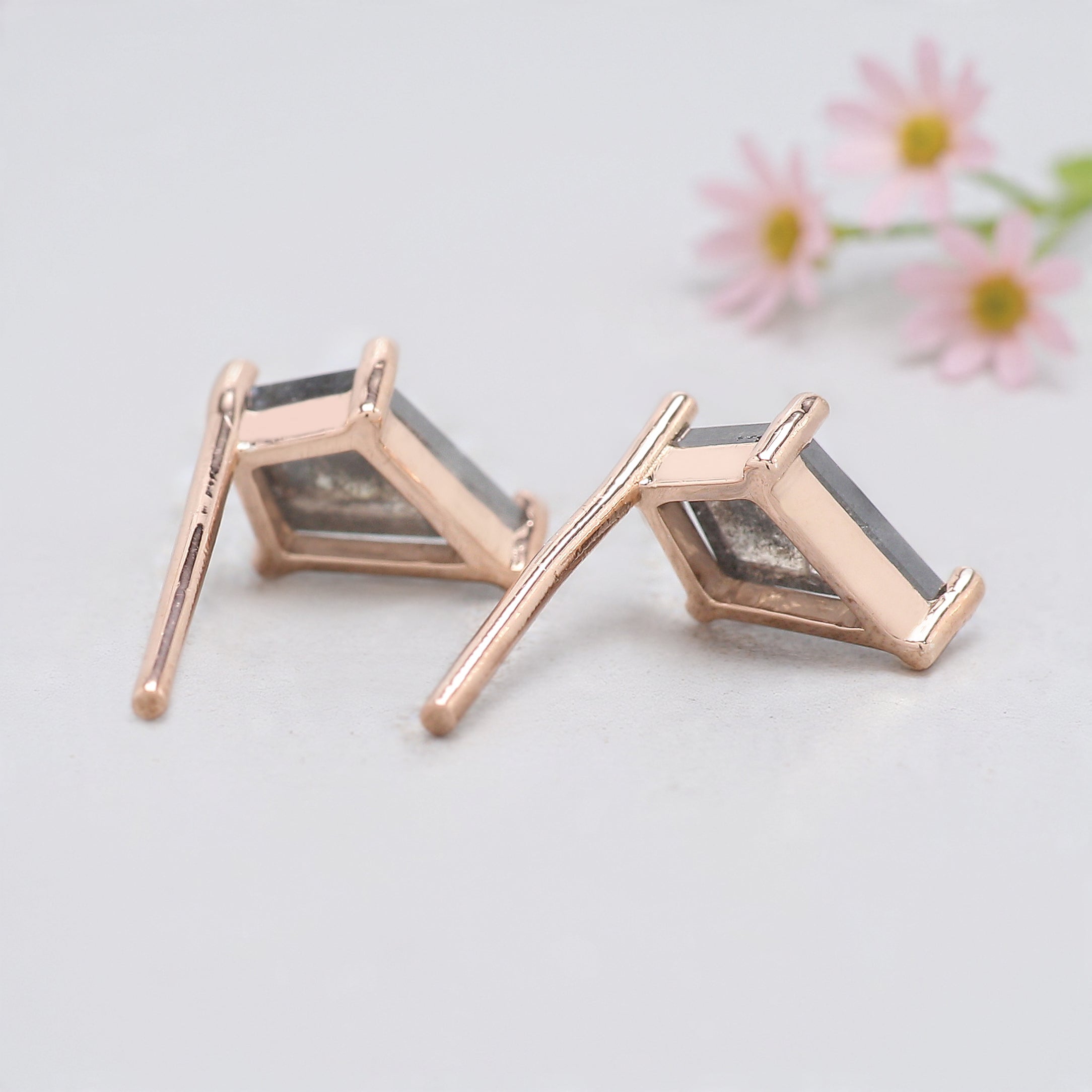 Kite Cut Salt And Pepper Diamond Earring 1.18 Ct 7.70 MM Kite Shape Diamond Earring 14K Solid Rose Gold Silver Earring Gift For Her KDL3438