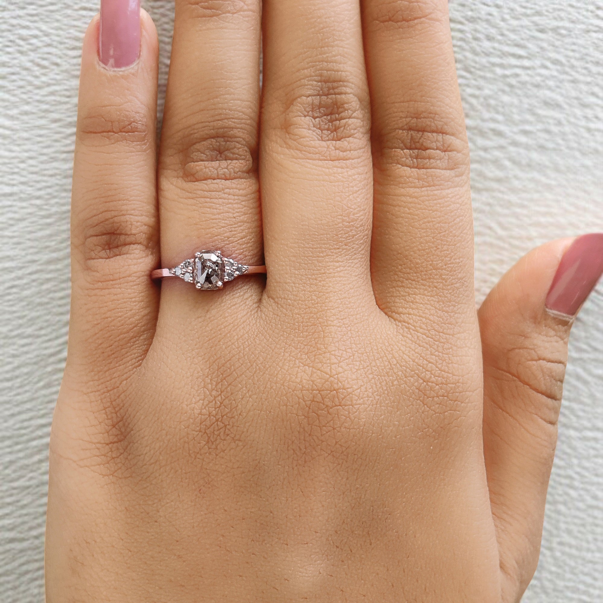 0.75 Ct Natural Emerald Cut Salt And Pepper Diamond Ring 5.95 MM Emerald Diamond Ring 14K Solid Rose Gold Silver Engagement Ring QL9987