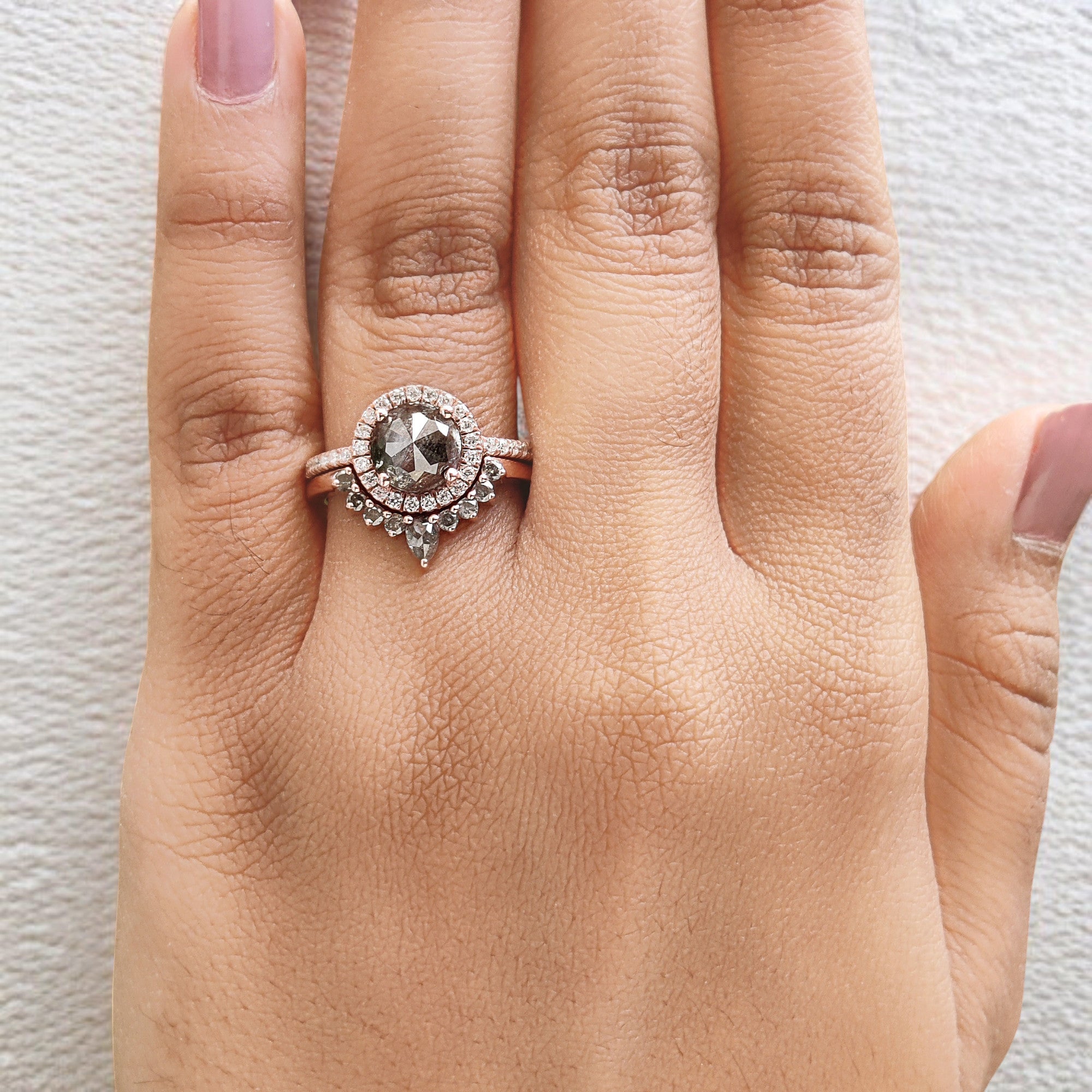 Round Rose Cut Salt And Pepper Diamond Ring 1.69 Ct 7.36 MM Round Diamond Ring 14K Rose Gold Silver Engagement Ring Gift For Her QL1949