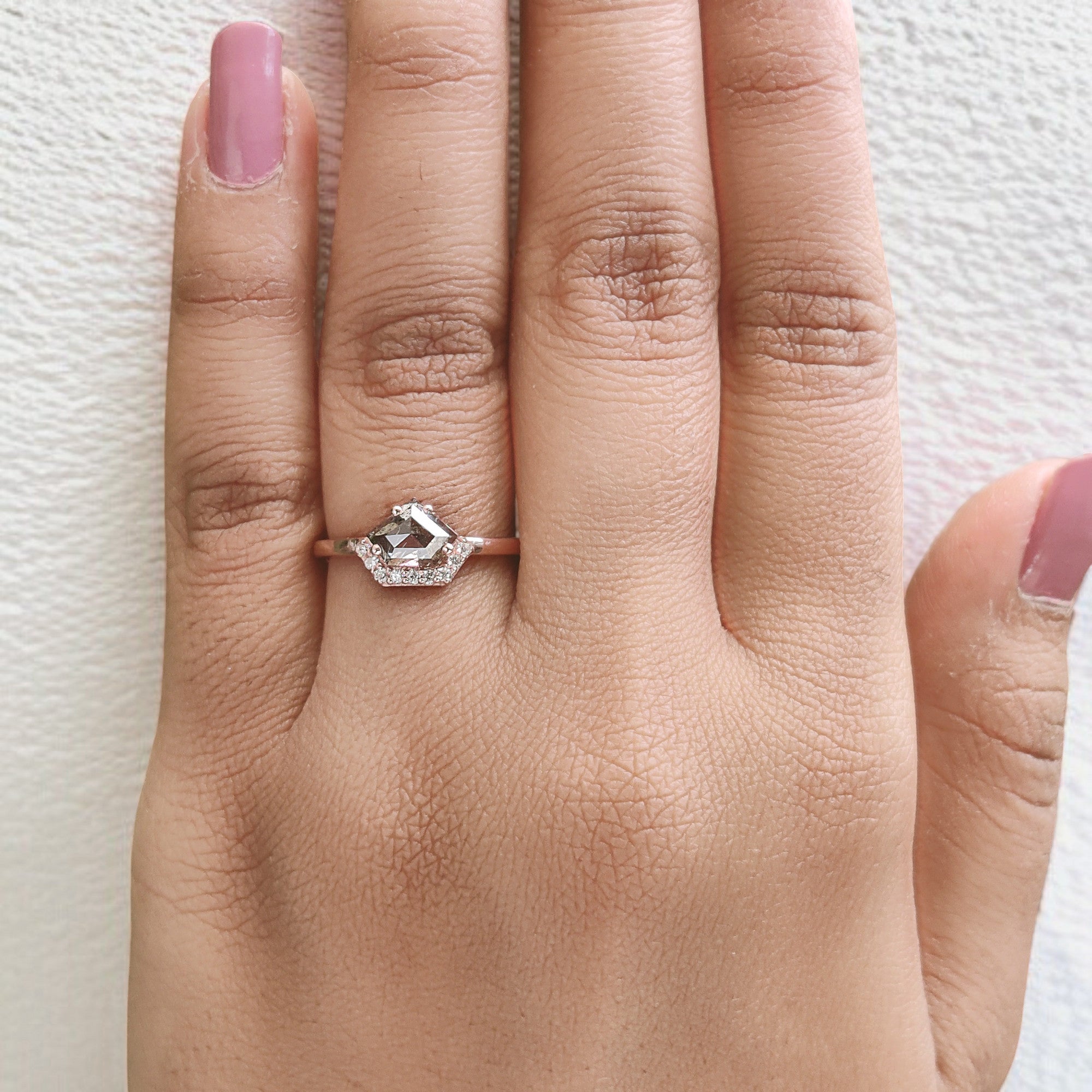 Shield Cut Salt And Pepper Diamond Ring 1.04 Ct 5.71 MM Shield Diamond Ring 14K Solid Rose Gold Silver Engagement Ring Gift For Her QL9520