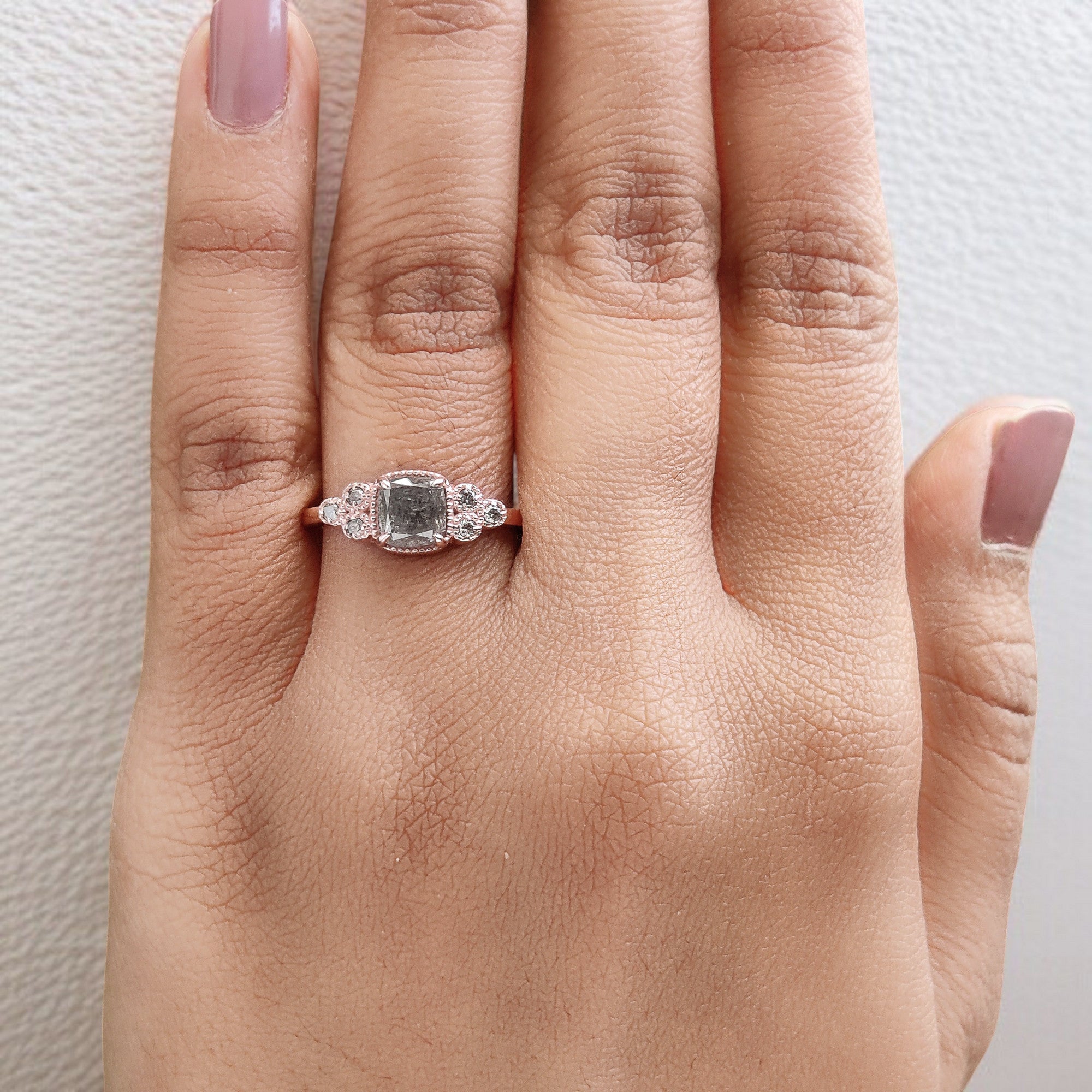 Cushion Cut Salt And Pepper Diamond Ring 0.95 Ct 5.60 MM Cushion Diamond Ring 14K Solid Rose Gold Silver Engagement Ring Gift For Her QN794