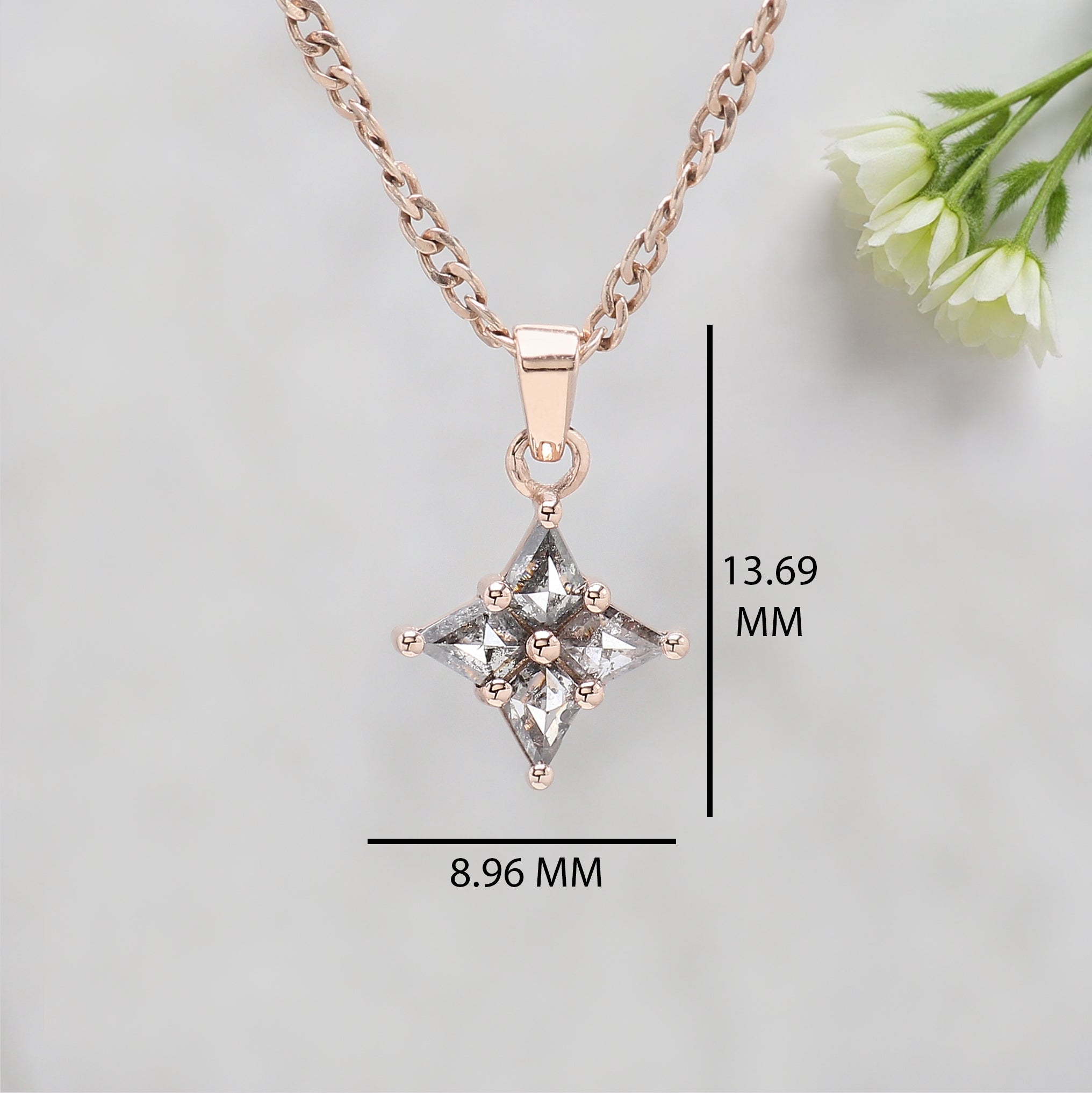 Kite Shape Salt and Pepper Diamond Pendant 0.27 Ct, 14K Solid Rose Gold Necklace, Rustic Diamond Engagement Pendant, Gift for Her KD1087
