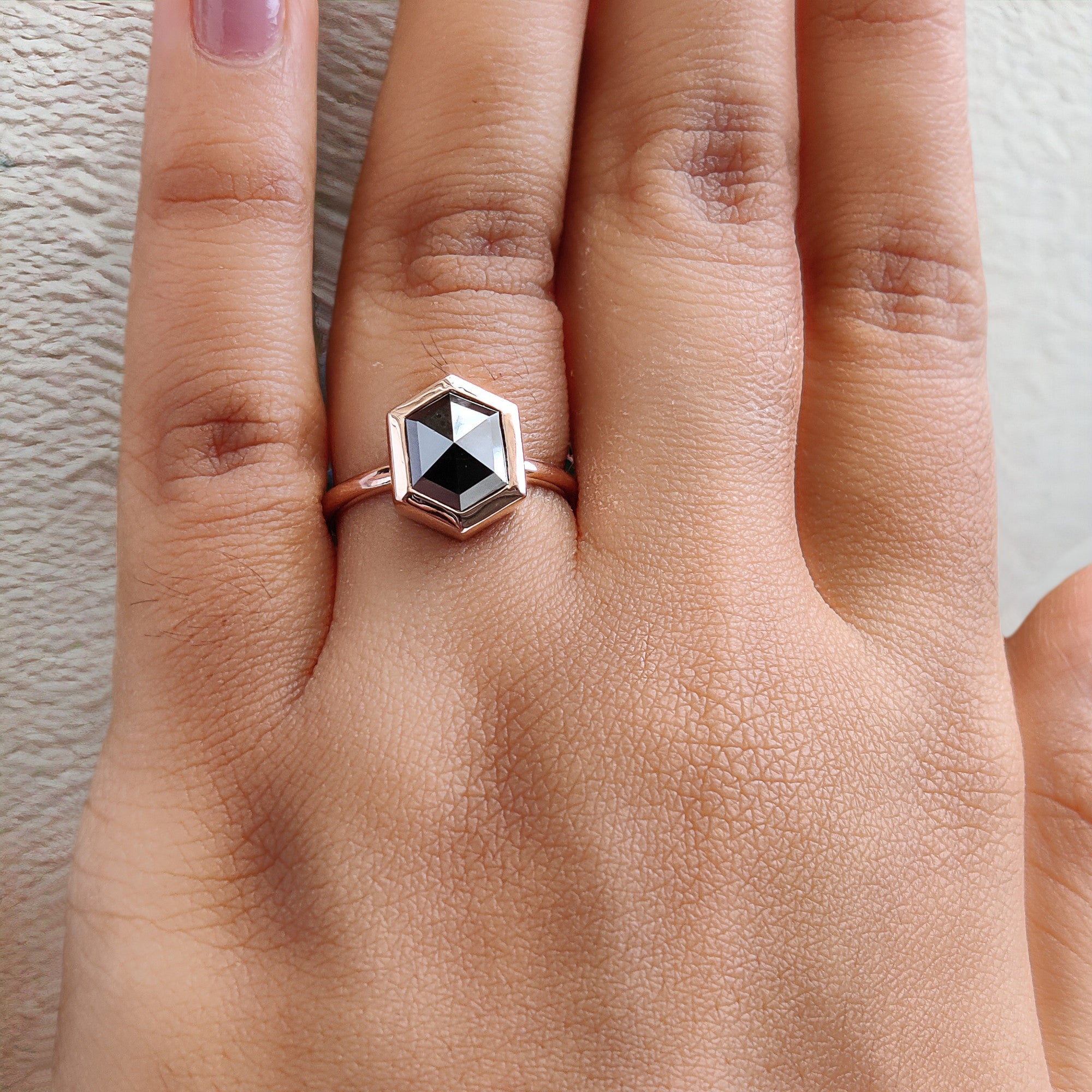 Hexagon Cut Black Color Diamond Ring 3.11 Ct 10.00 MM Hexagon Diamond Ring 14K Solid Rose Gold Silver Engagement Ring Gift For Her QN607