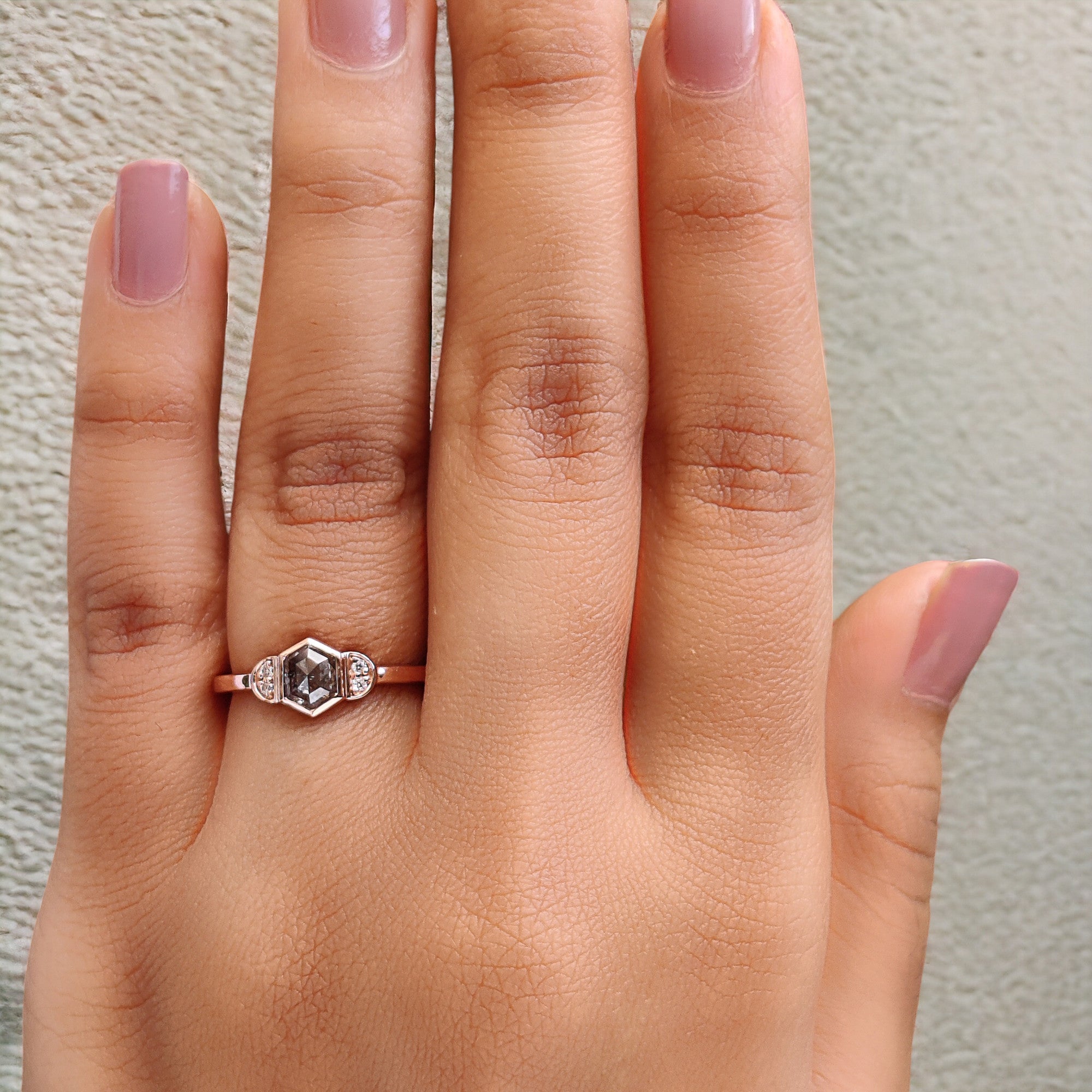 Hexagon Cut Salt And Pepper Diamond Ring 0.58 Ct 5.70 MM Hexagon Diamond Ring 14K Solid Rose Gold Silver Engagement Ring Gift For Her QN1564