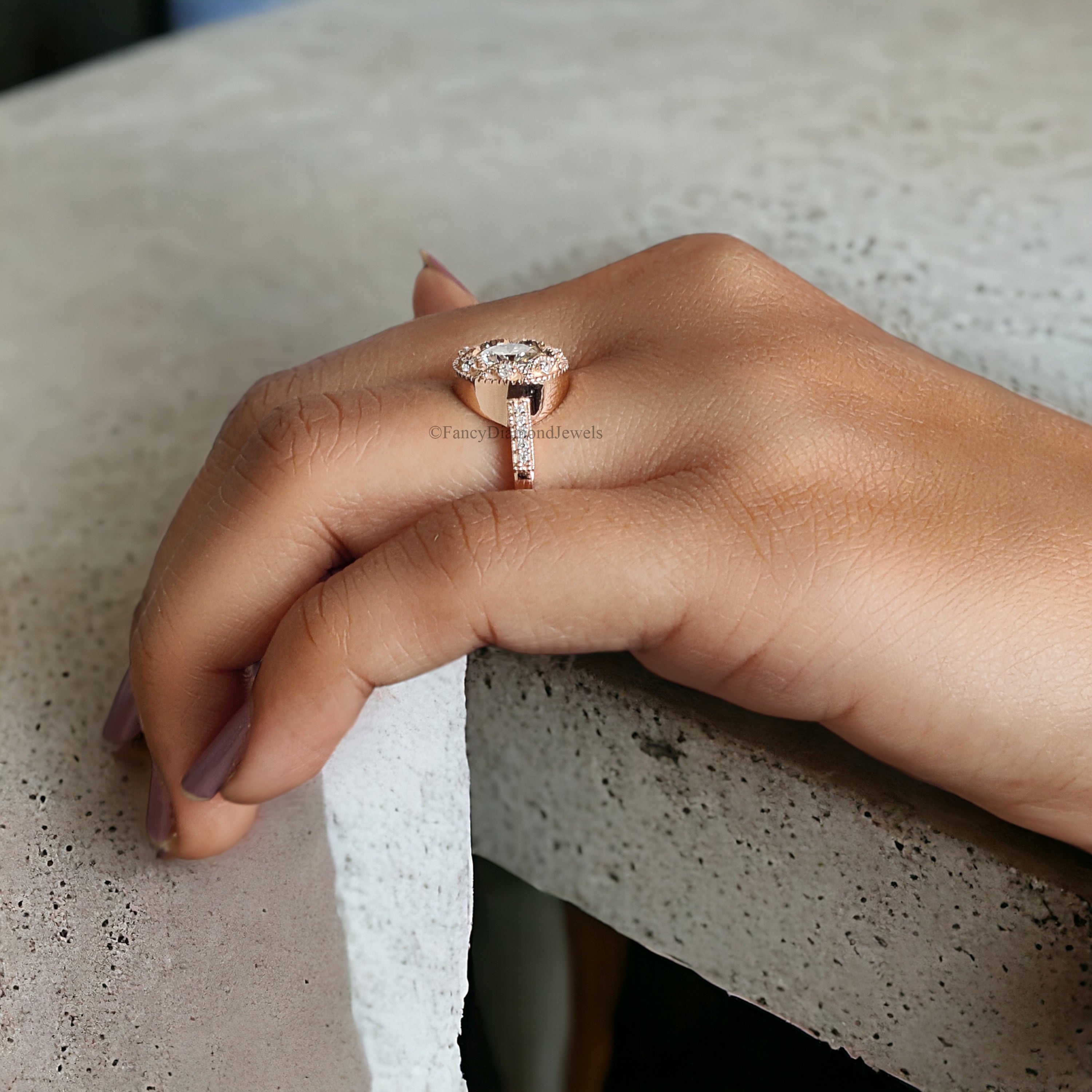 Round Cut Moissanite Engagement Ring Halo Milgrain Engagement Ring Handmade Jewelry Rose Gold Wedding Ring Surprise Gifts for Her FD166