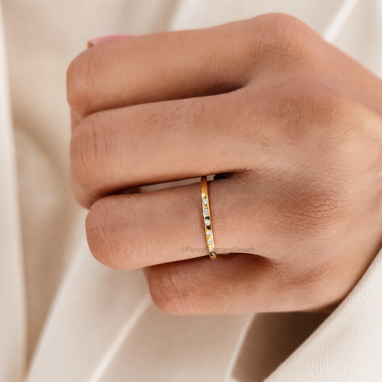 5 Stone Micro Pave Set Minimalist Diamond Ring Dainty Stacking Ring 14k Solid Gold Lab Diamond Wedding Band for Women Daily Wear Ring FD568