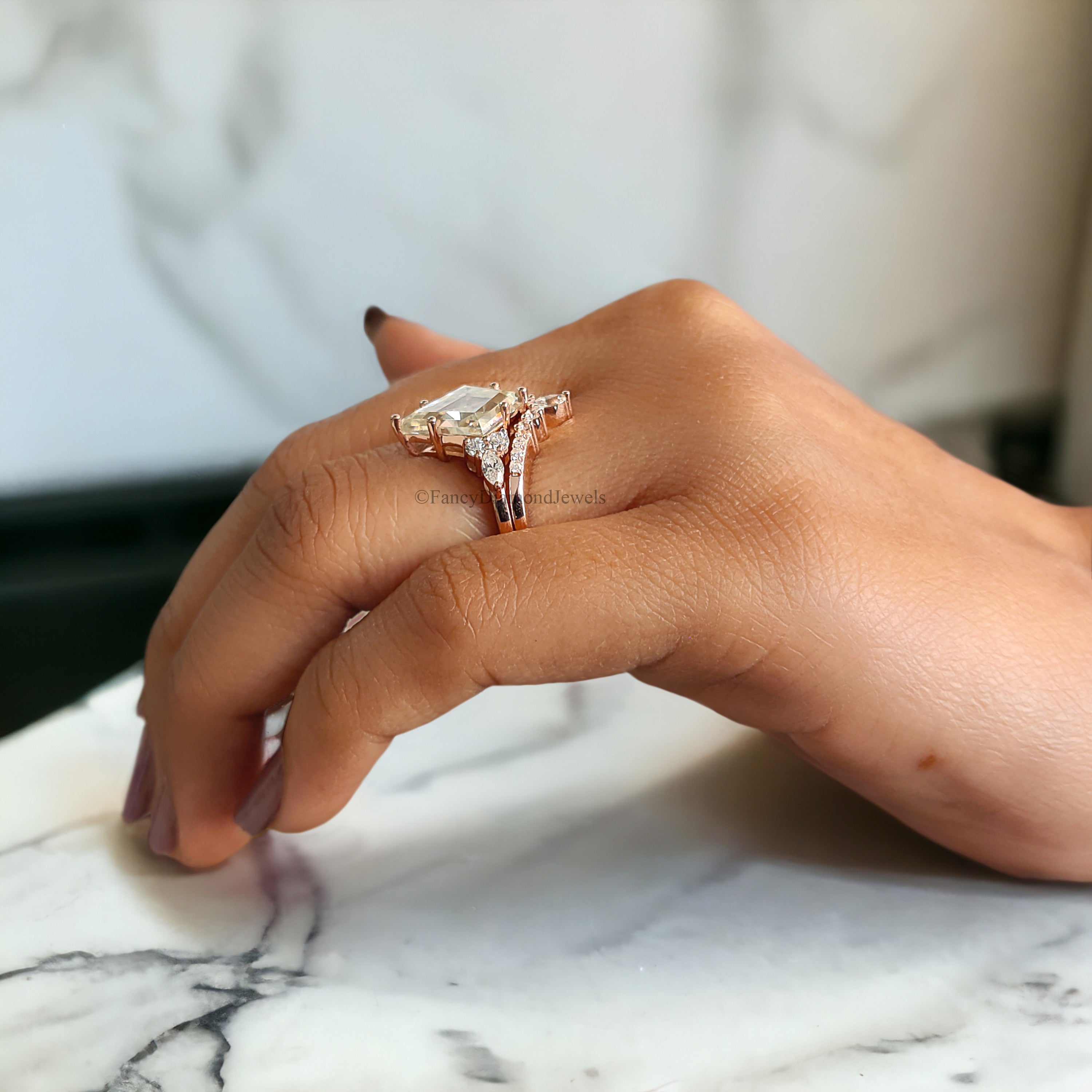 Vintage kite cut Moissanite engagement ring set 14k rose gold marquise cut moissanite ring for women unique bridal wedding ring set FD185