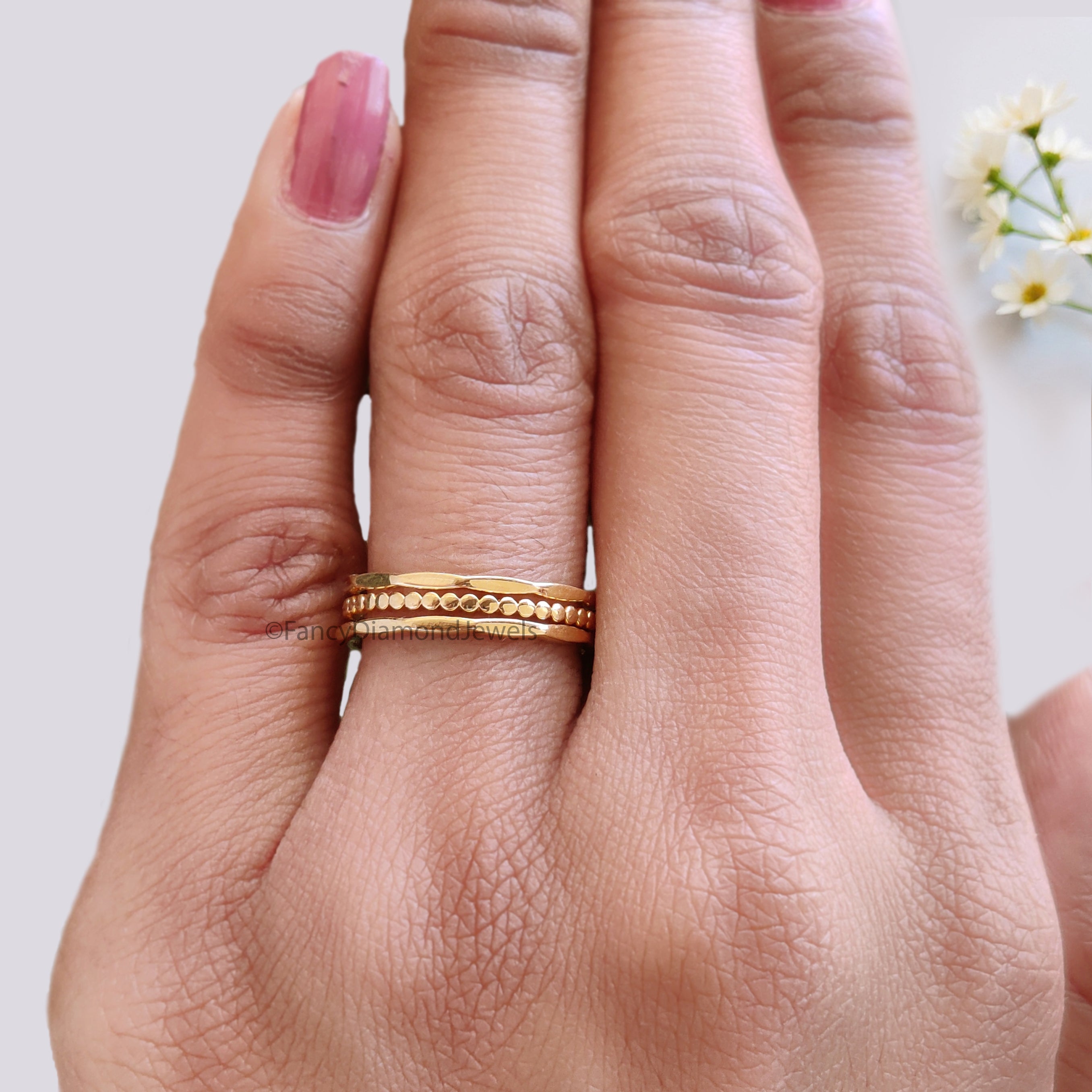 Handmade Filled Stackable 5 Rings Set Simple Wedding Band Yellow Gold Unique Wedding Band Minimal Dainty Stacking Band Gift For Her FD540