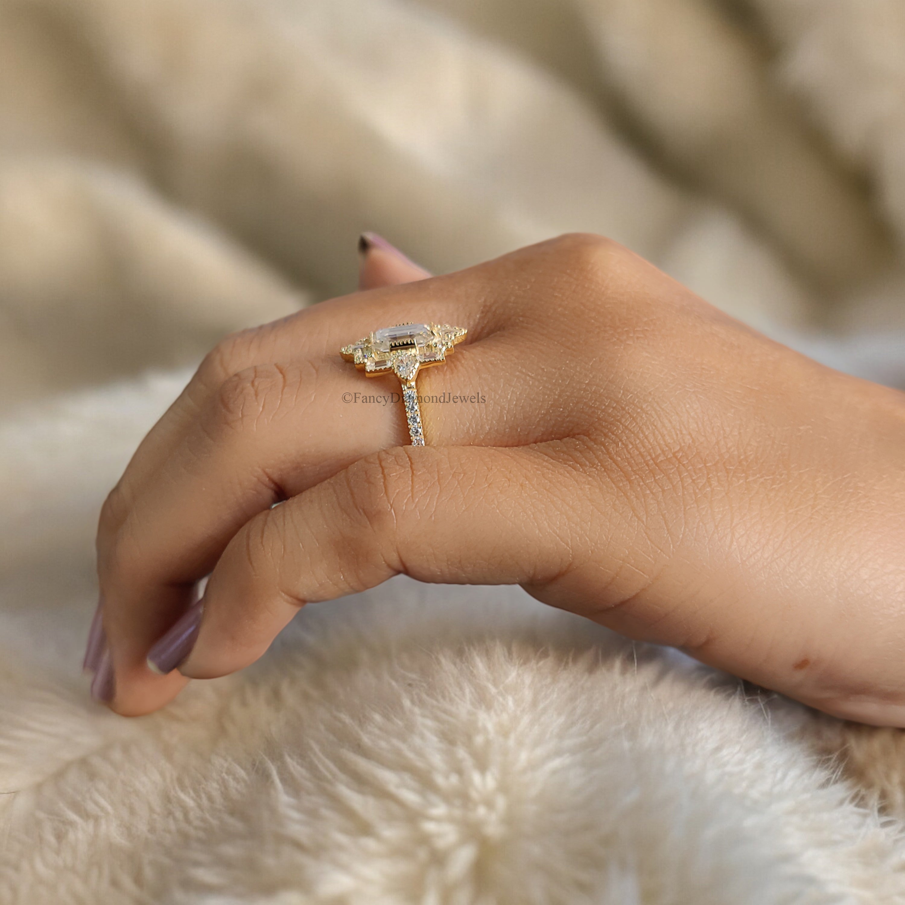 1.00 CT Emerald Cut Vintage Bridal Engagement Ring Baguette wedding ring Unique art deco ring Pear halo ring Starburst ring For Her FD188