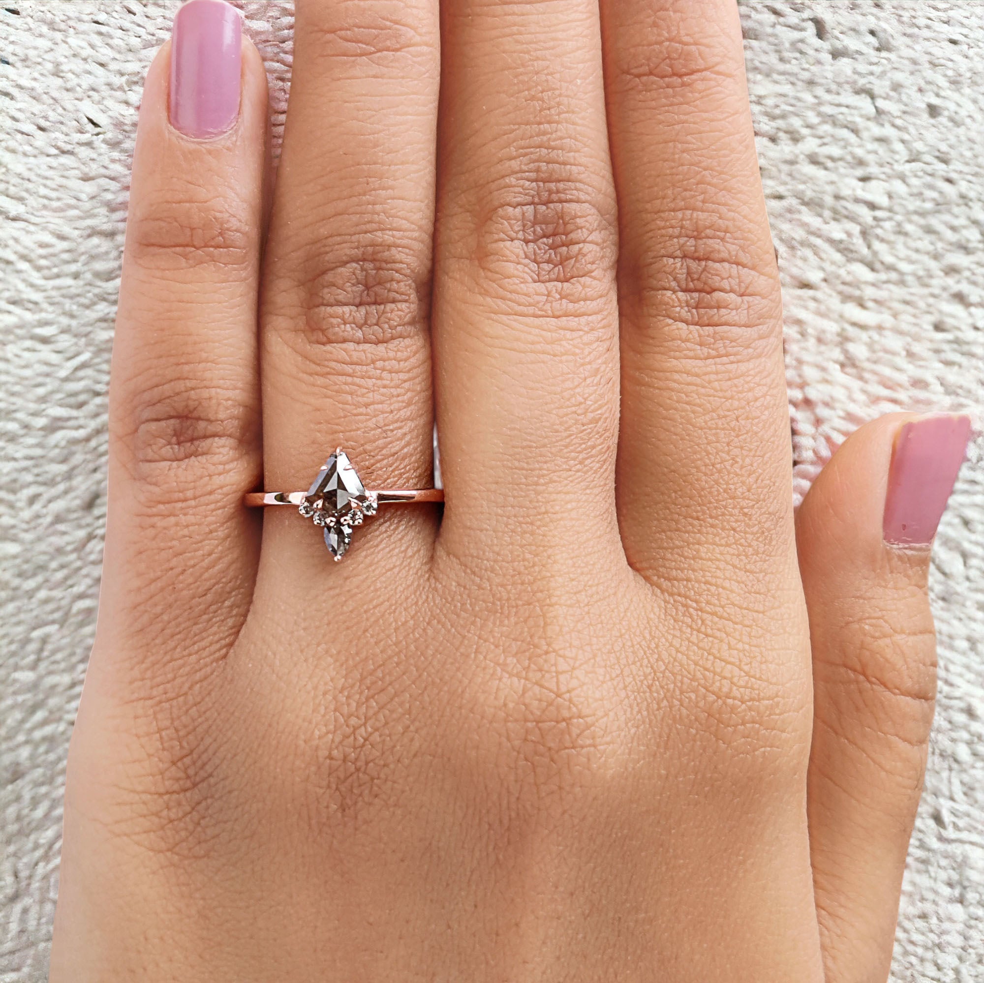 Kite Cut Salt And Pepper Diamond Ring 0.53 Ct 5.95 MM Kite Diamond Ring 14K Solid Rose Gold Silver Kite Engagement Ring Gift For Her QL8812