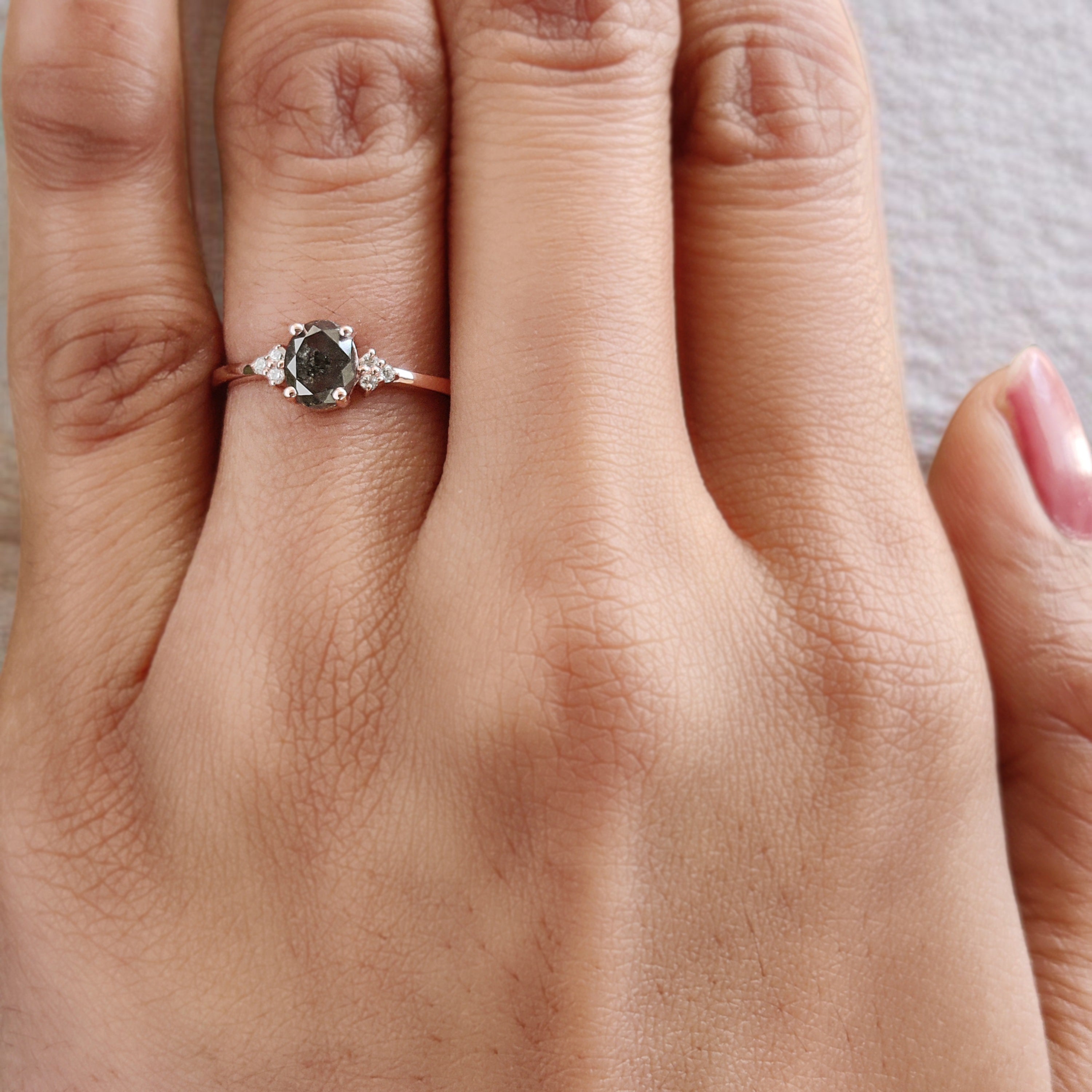 Oval Cut Salt And Pepper Diamond Ring 0.72 Ct 6.14 MM Oval Diamond Ring 14K Solid Rose Gold Silver Oval Engagement Ring Gift For Her KDL2951