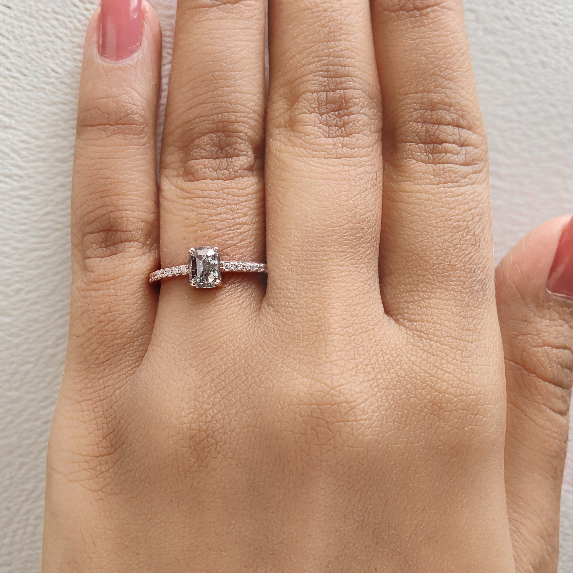 Emerald Cut Salt And Pepper Diamond Ring 0.75 Ct 5.95 MM Emerald Diamond Ring 14K Solid Rose Gold Silver Engagement Ring Gift For Her QL1100