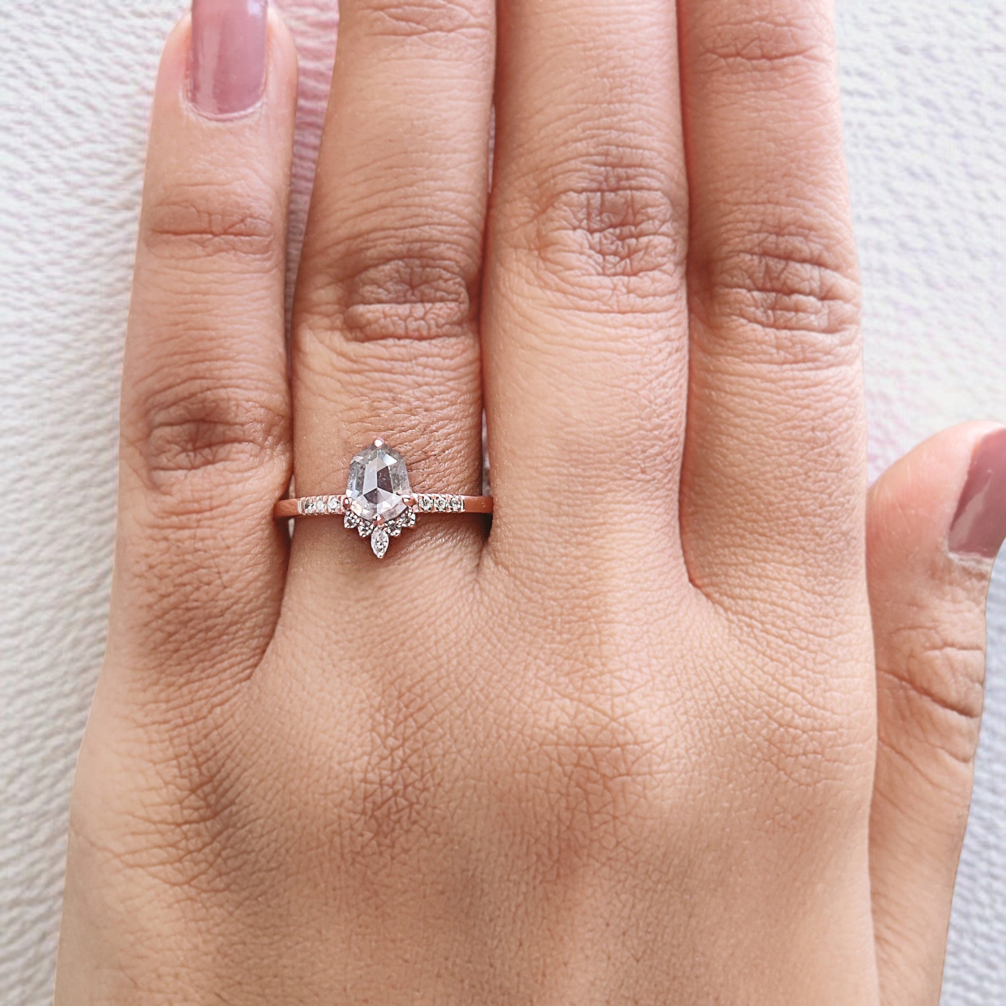 Shield Cut Salt And Pepper Diamond Ring 1.12 Ct 7.08 MM Shield Diamond Ring 14K Solid Rose Gold Silver Engagement Ring Gift For Her QL2570