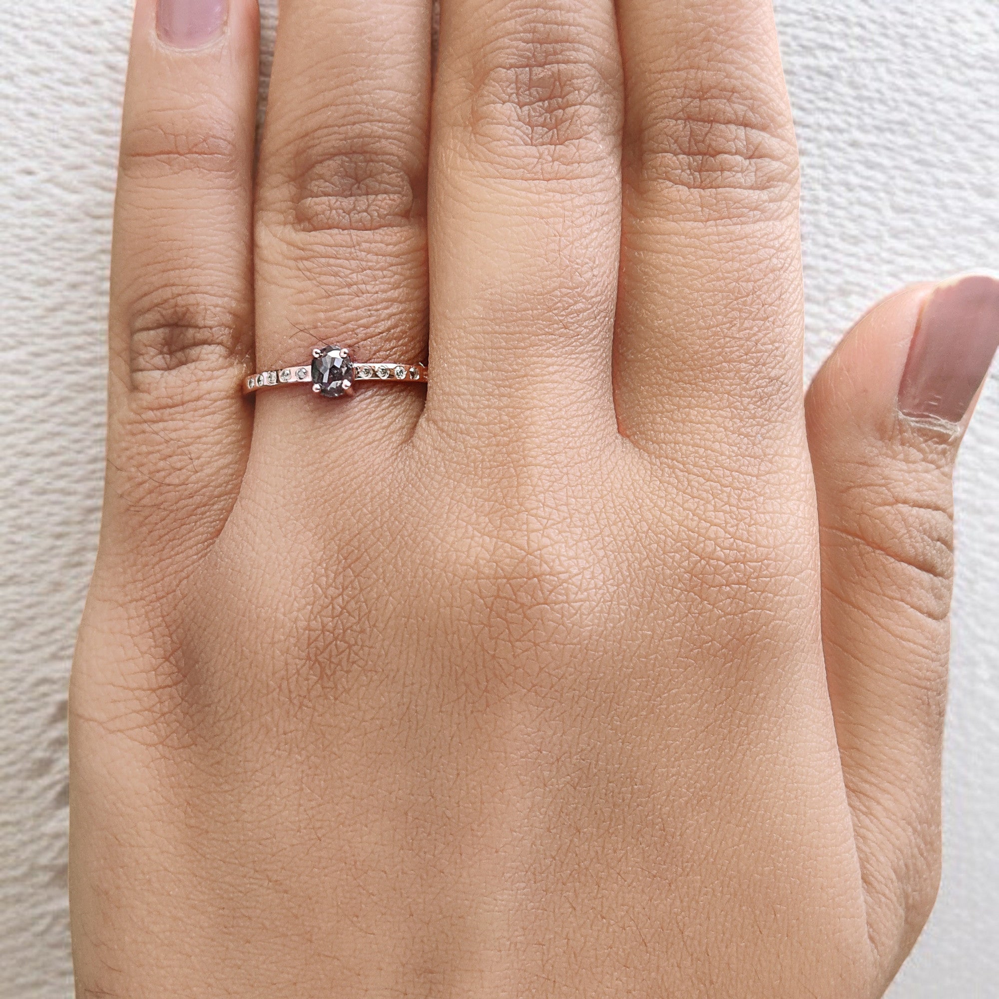 Oval Cut Salt And Pepper Diamond Ring 0.32 Ct 4.50 MM Oval Diamond Ring 14K Solid Rose Gold Silver Oval Engagement Ring Gift For Her QN9185