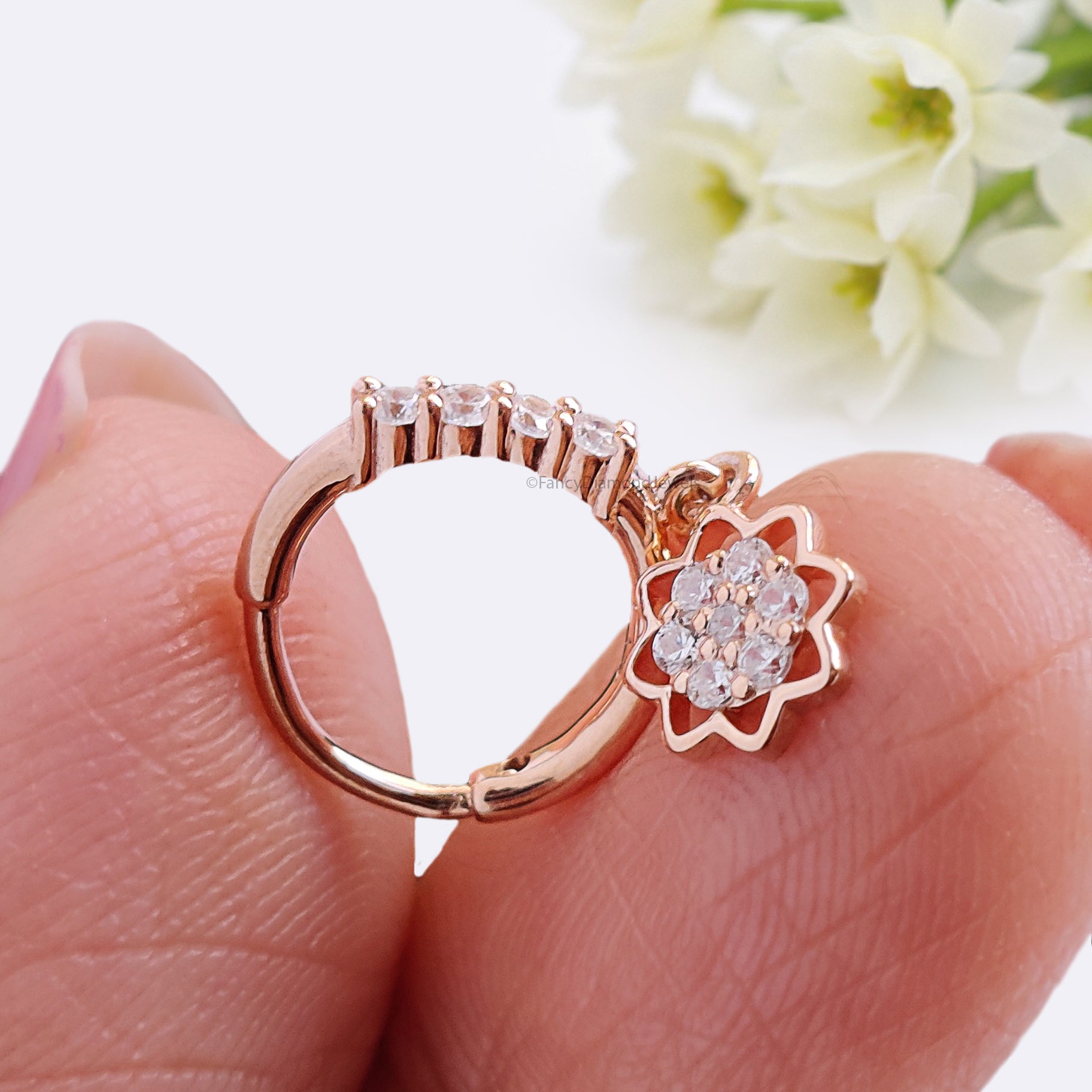 Flower Nose Ring With Diamond Dangling Nose Studs Moissanite Diamond Nose Hoop Nose Stud Rose Gold Nose Ring Diamond Nose Stud Hoop FD492