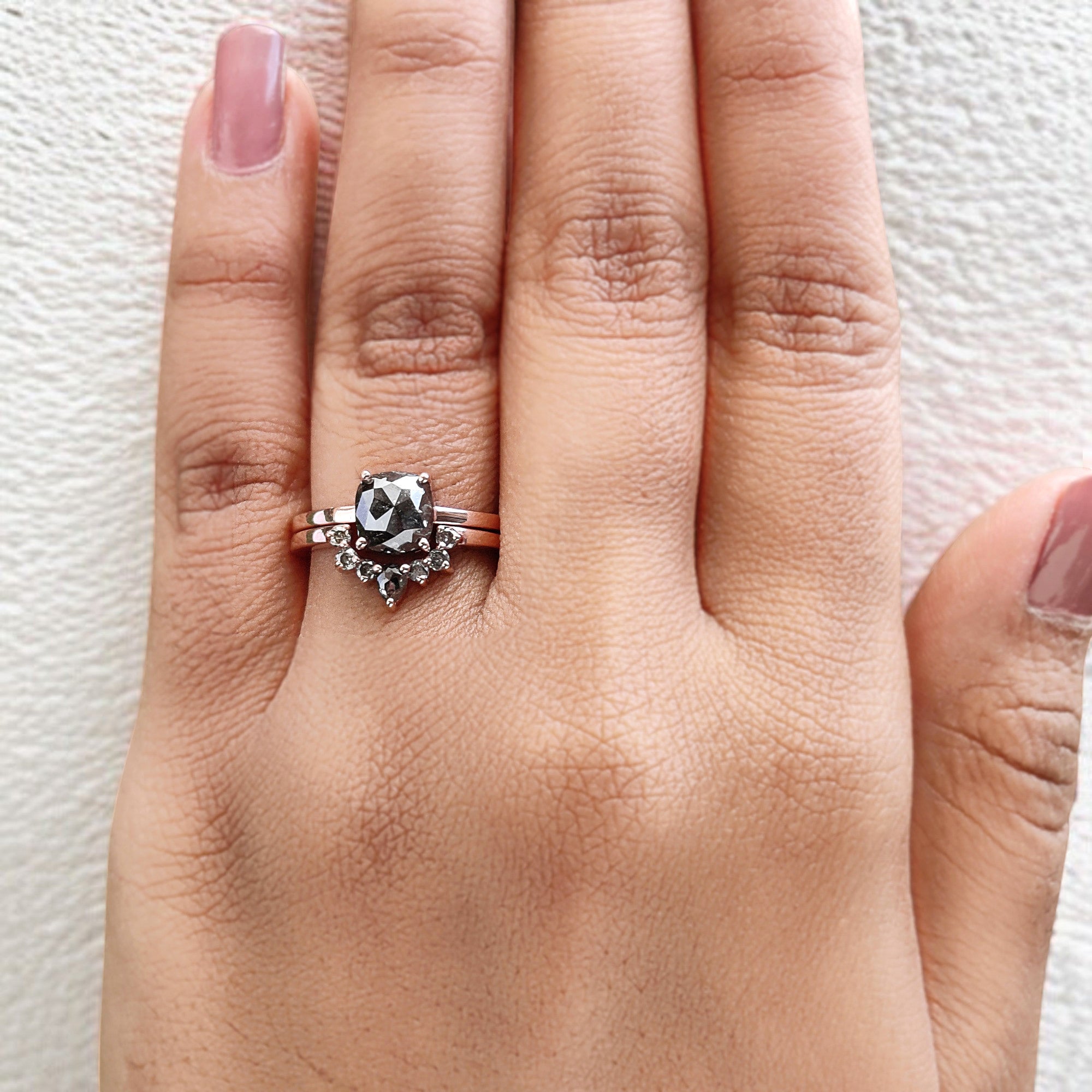 Cushion Cut Salt And Pepper Diamond Ring 1.74 Ct 6.95 MM Cushion Diamond Ring 14K Solid Rose Gold Silver Engagement Ring Gift For Her QL461